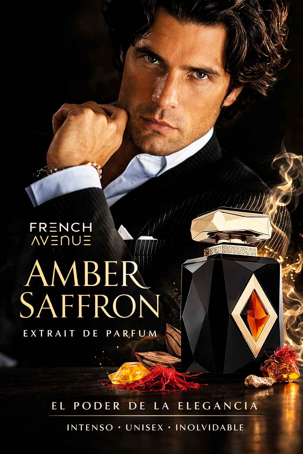 French Avenue Amber Saffron perfume junto a modelo en interior elegante de noche