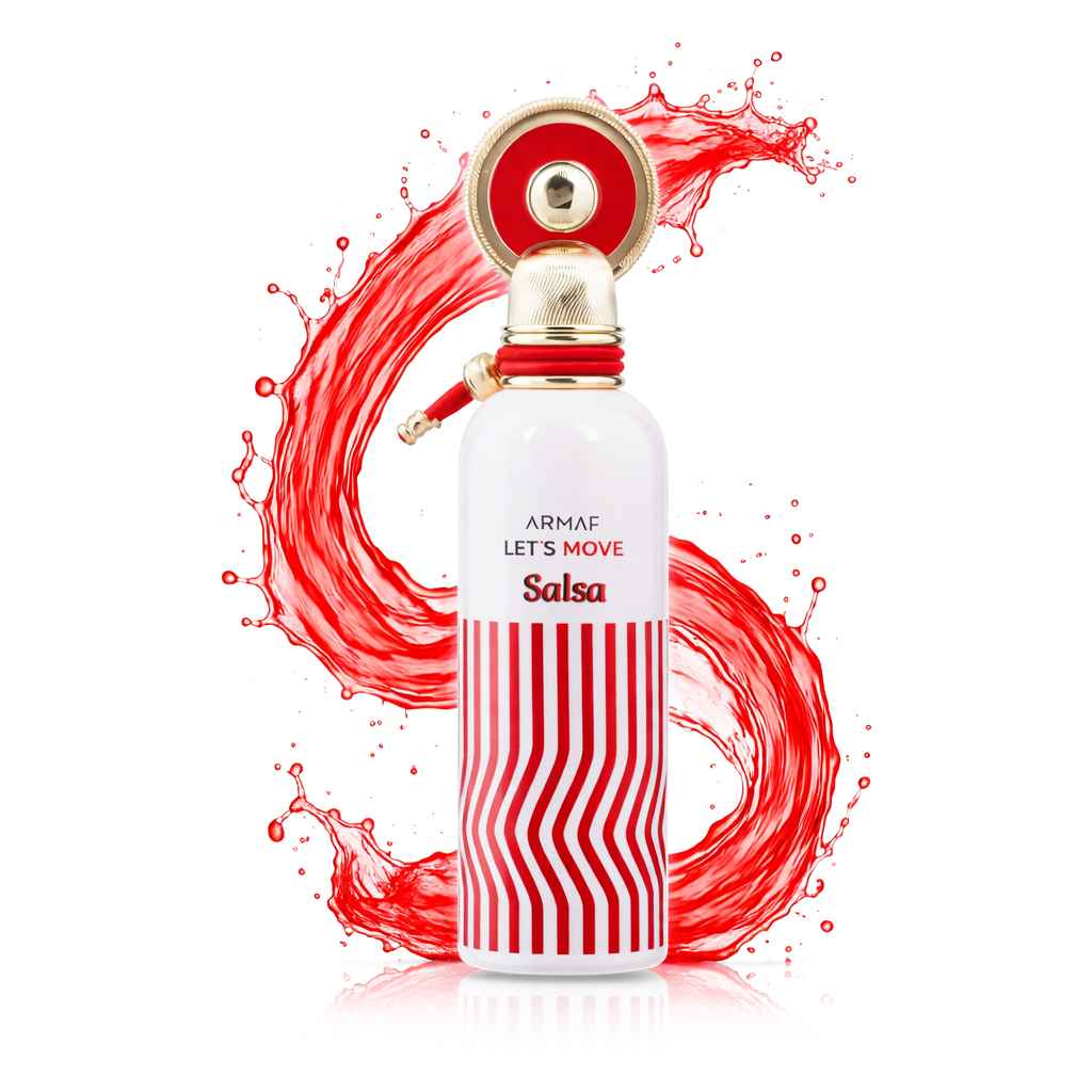 Armaf Let’s Move Salsa frasco de perfume con líquido en movimiento sobre fondo blanco