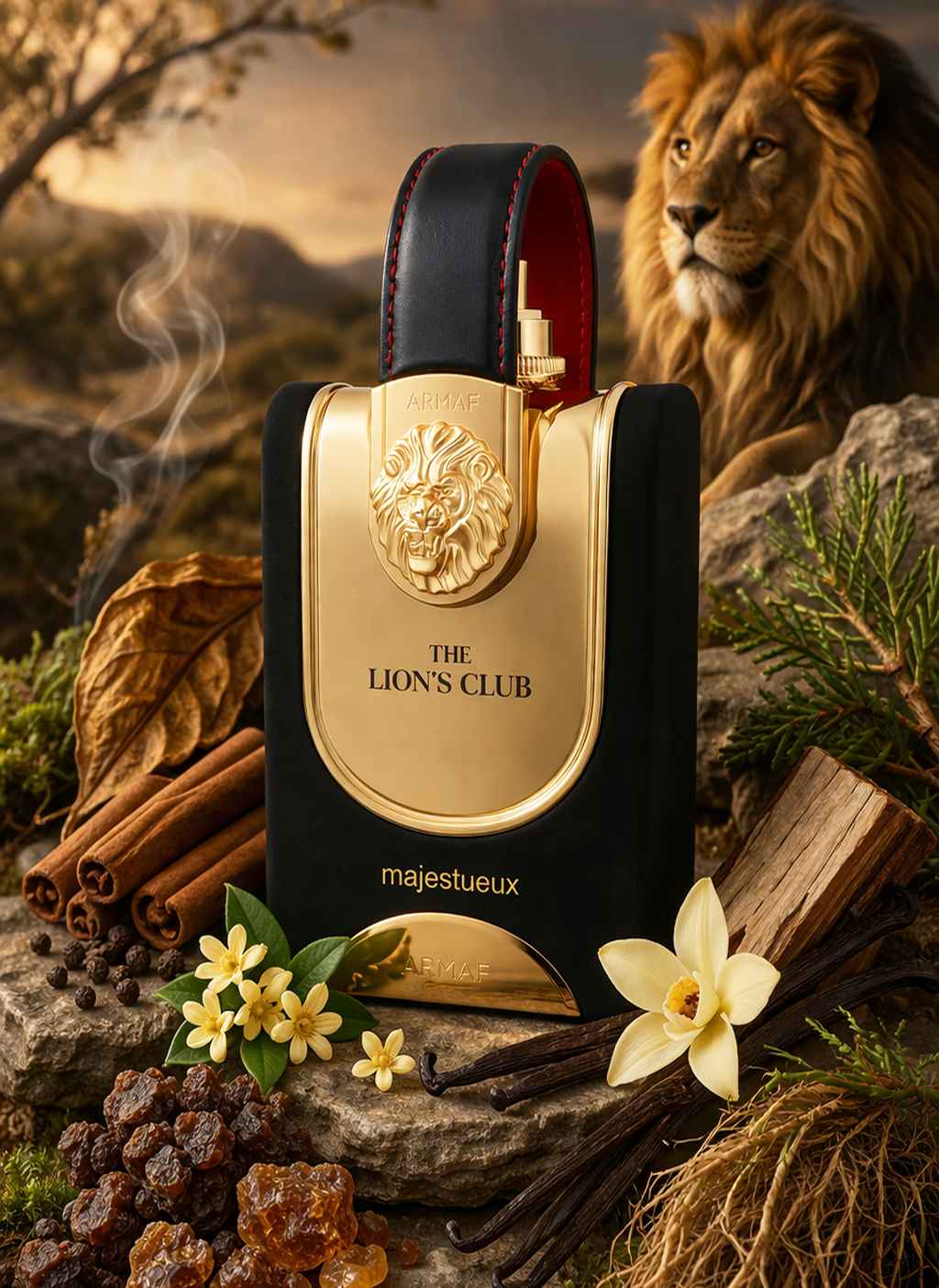 Perfume Majestueux en mesa con caja abierta en entorno elegante
