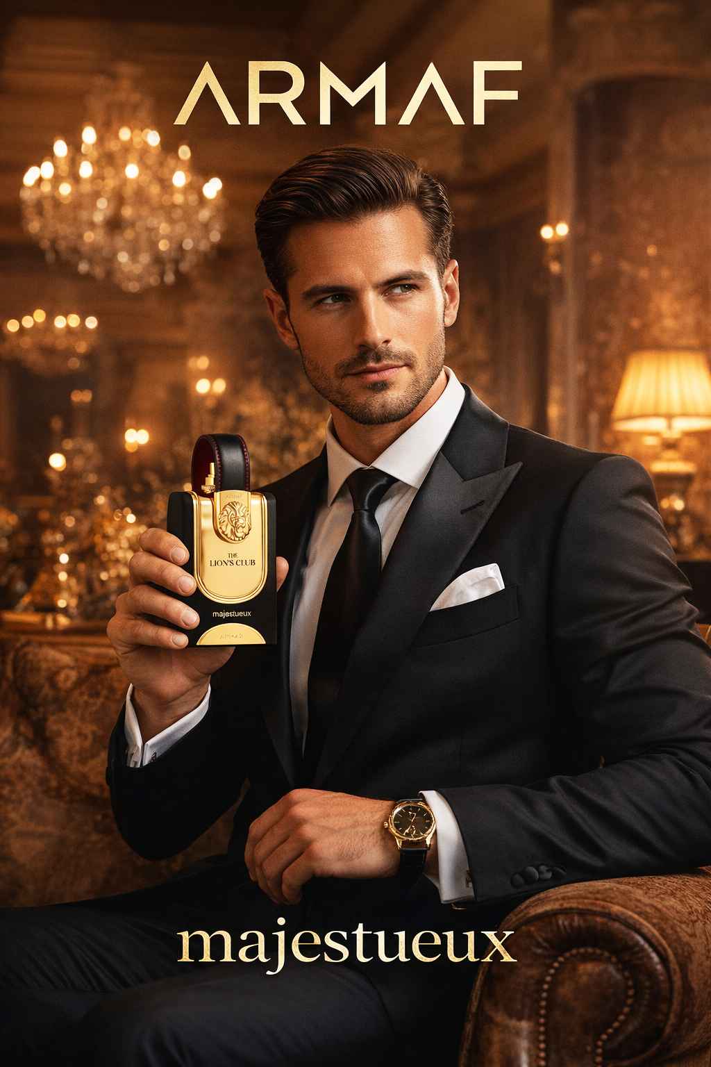 Modelo elegante con perfume Majestueux en ambiente nocturno sofisticado