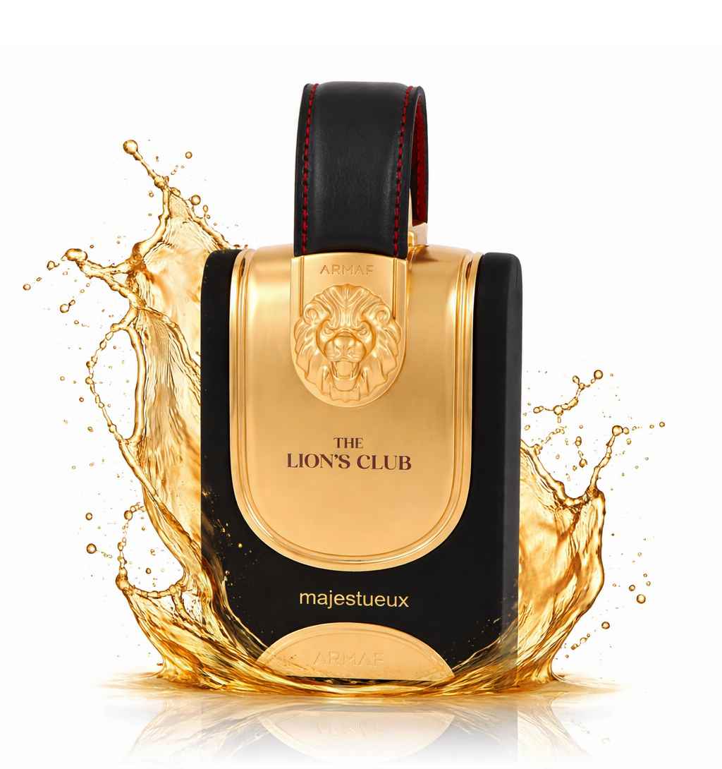 Perfume Armaf Majestueux con efecto splash elegante sobre fondo oscuro