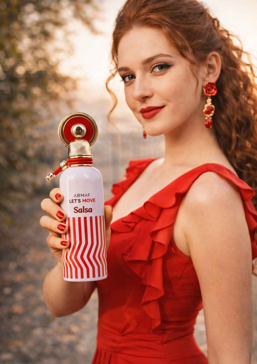 Armaf Let’s Move Salsa perfume con modelo en ambiente moderno y elegante
