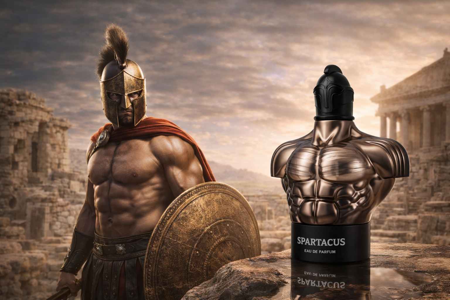 Armaf Spartacus perfume en imagen publicitaria con estética masculina de inspiración guerrera