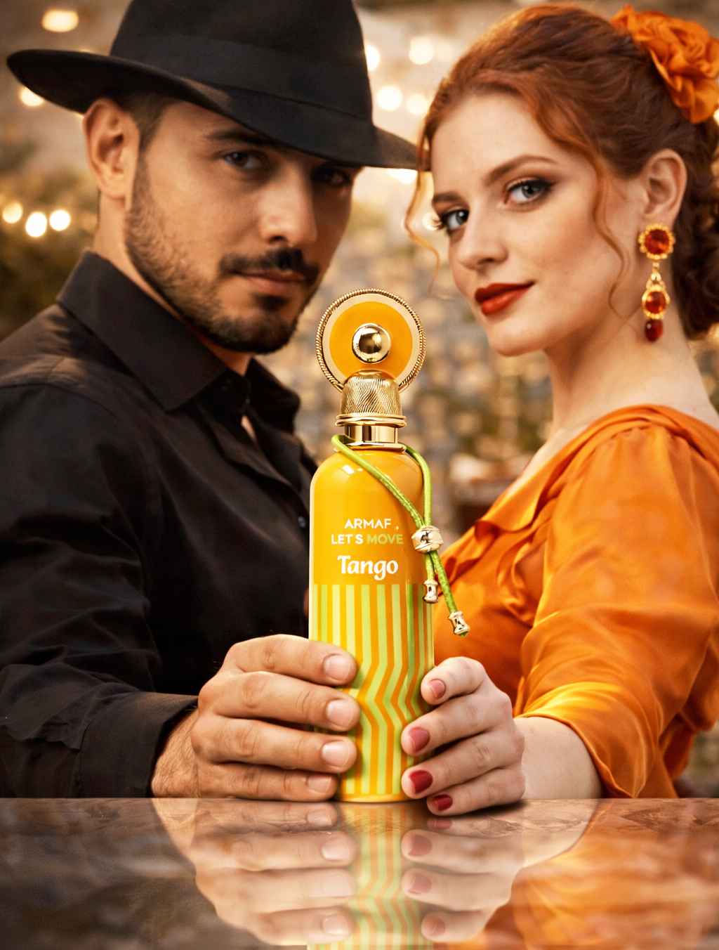 Armaf Let’s Move Tango perfume con modelo en ambiente elegante