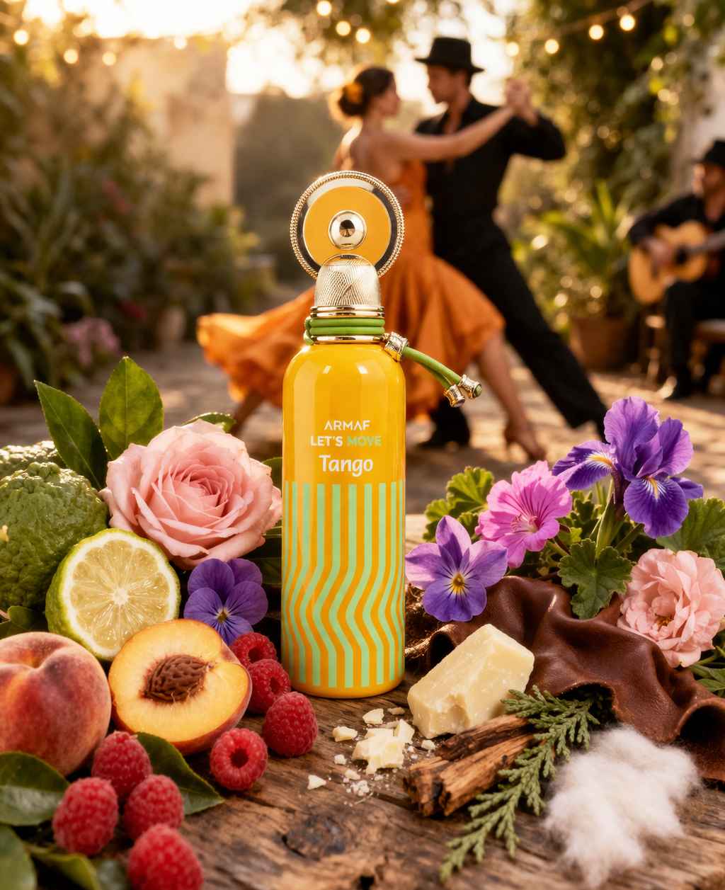 Armaf Let’s Move Tango frasco rodeado de frutas y flores en entorno natural