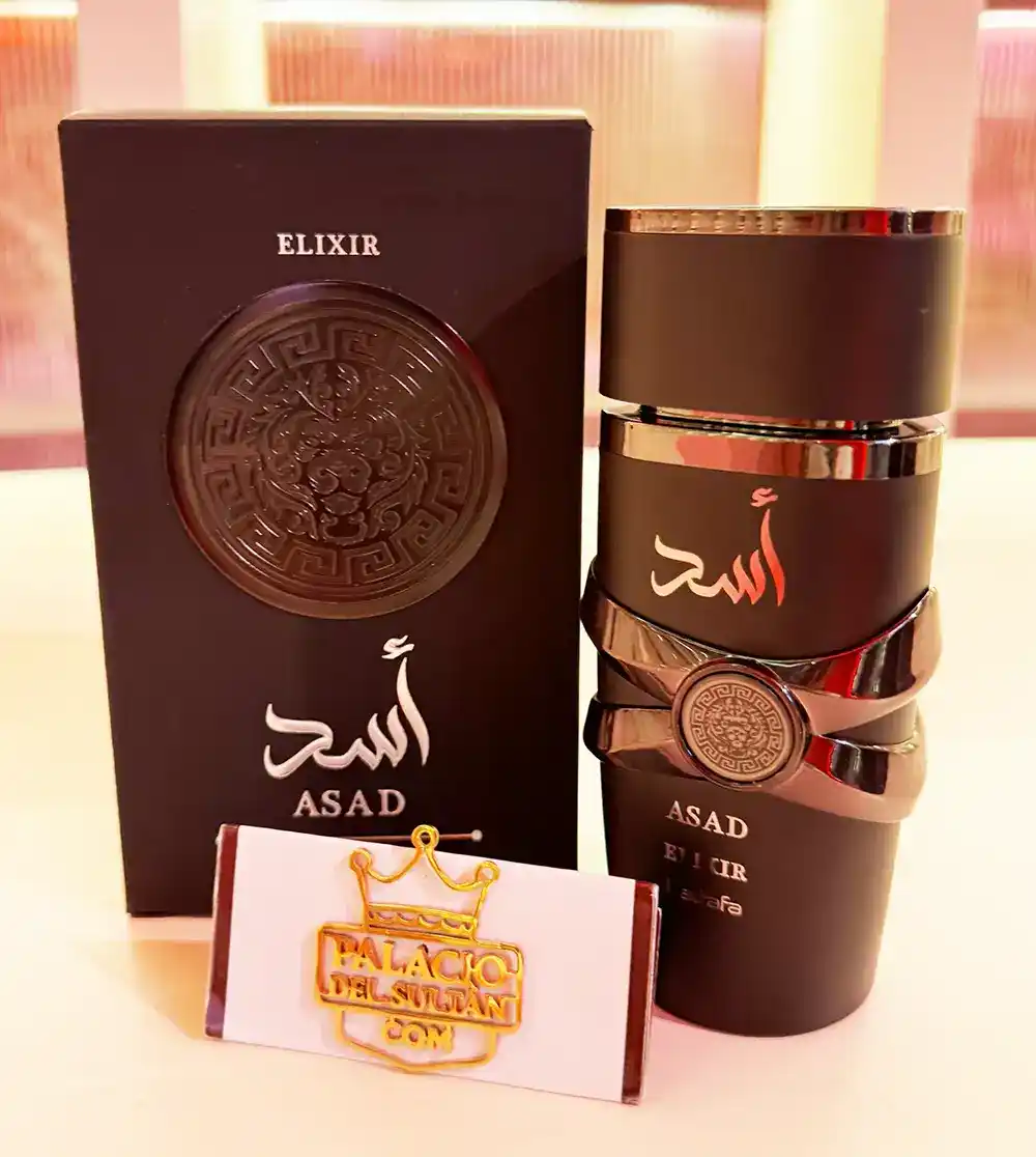 Lattafa Asad Elixir producto real con caja y frasco juntos sin efectos