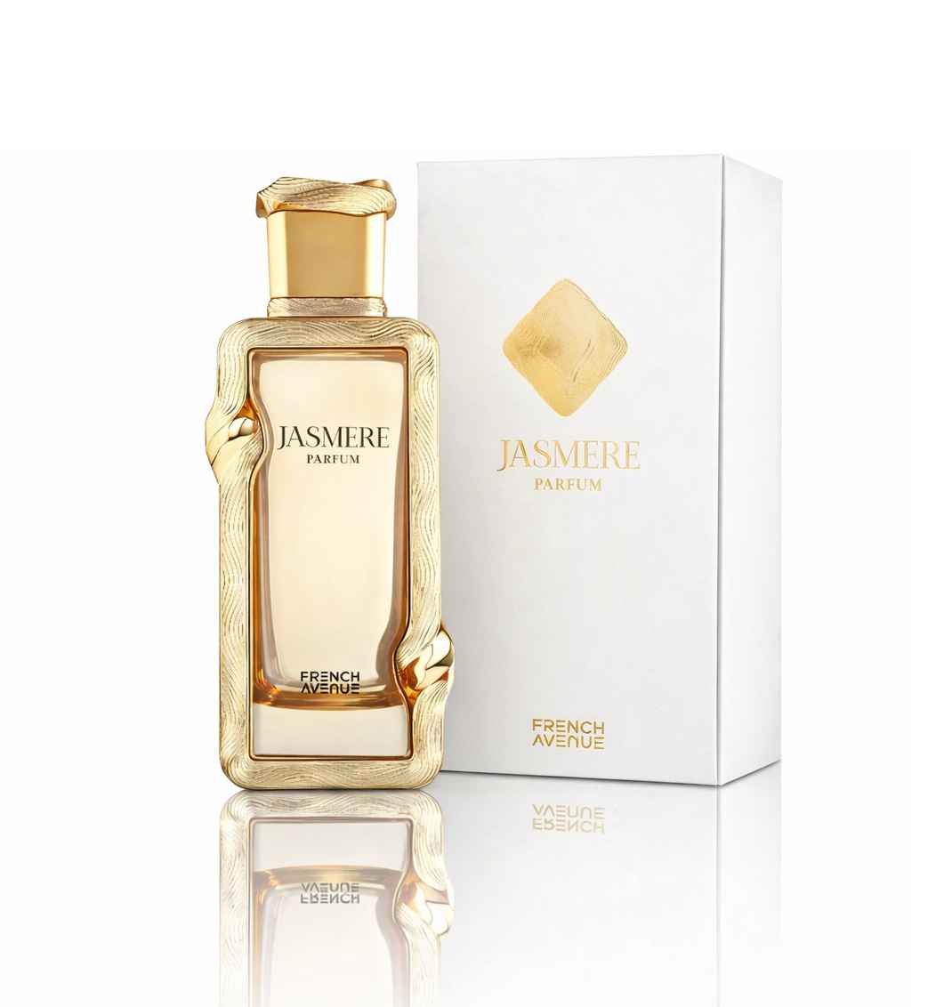 imagen real perfume jasmere con reflejo en superficie blanca