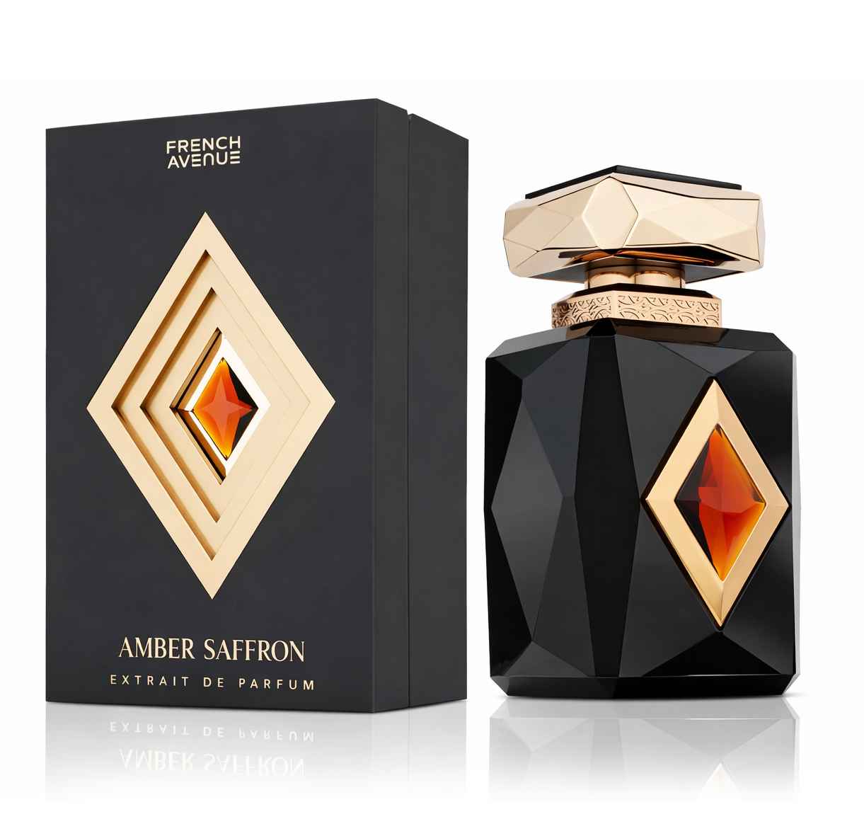 French Avenue Amber Saffron caja original y frasco juntos sobre fondo blanco con reflejo
