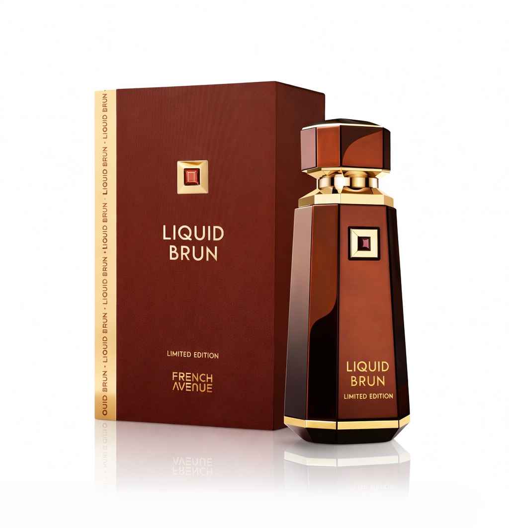 French Avenue Liquid Brun Limited Edition caja original y frasco sobre fondo blanco con reflejo