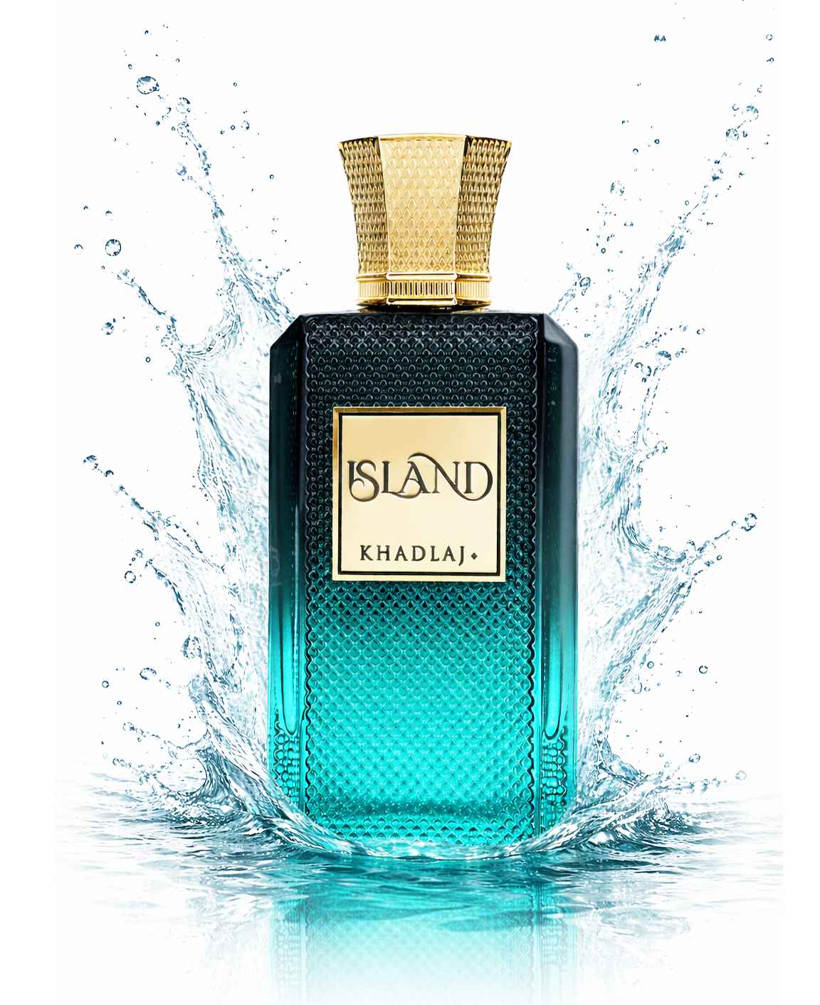 Khadlaj Island frasco de perfume con salpicadura de líquido en movimiento