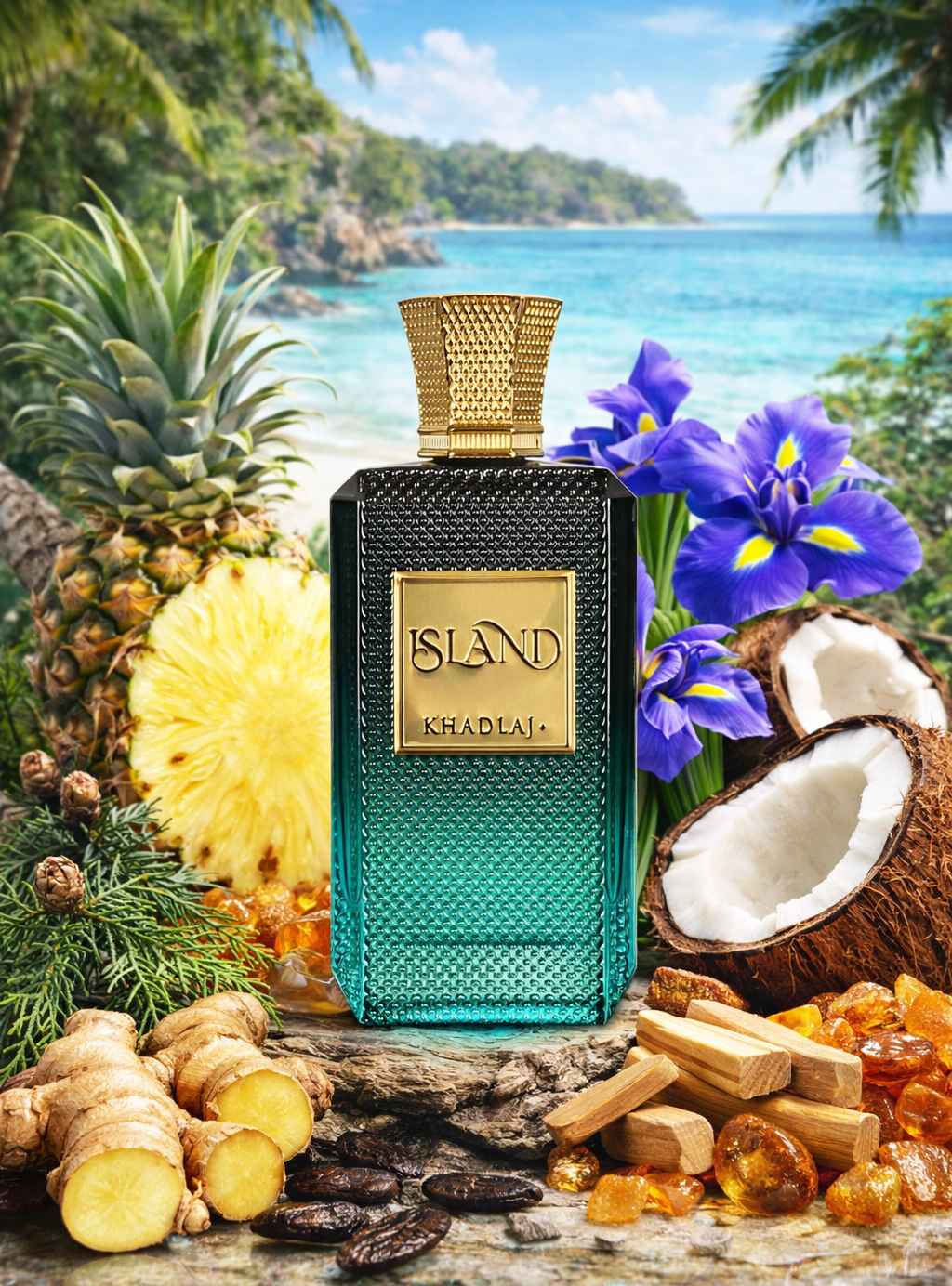 Khadlaj Island frasco rodeado de coco y piña sobre mesa de madera
