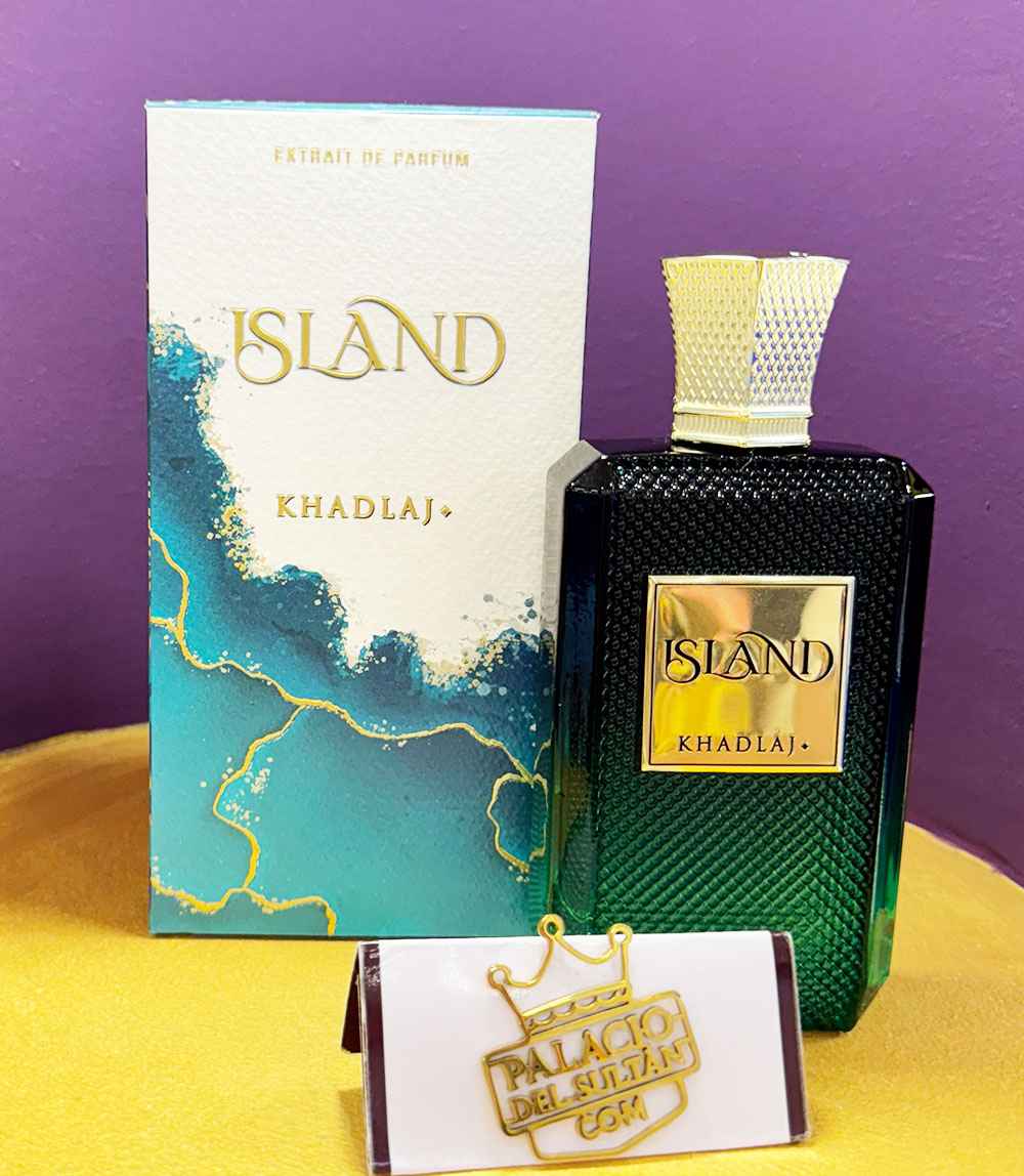Khadlaj Island frasco y caja en fotografía real del producto original