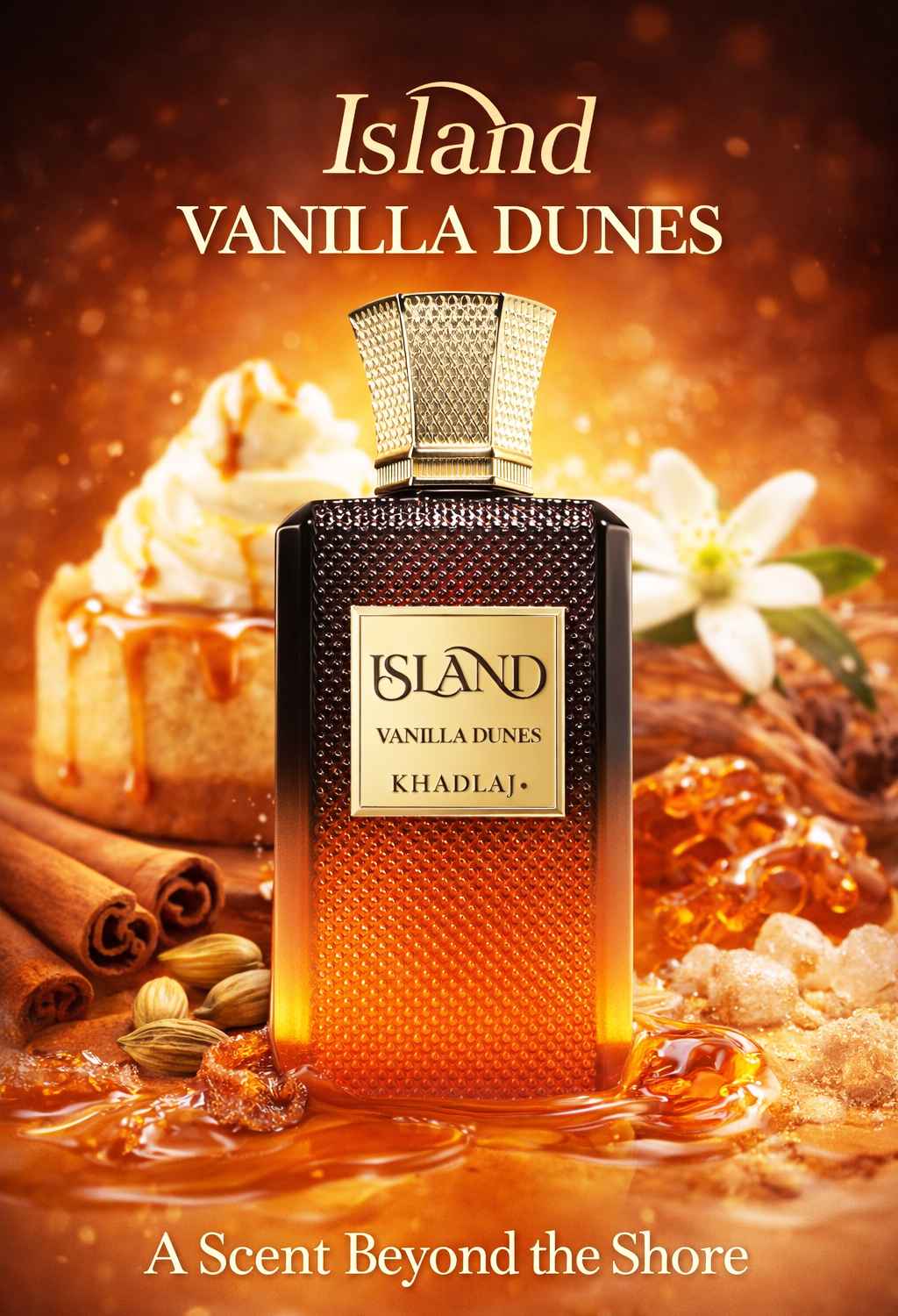 Khadlaj Island Vanilla Dunes frasco con vainilla, canela y bergamota en mesa