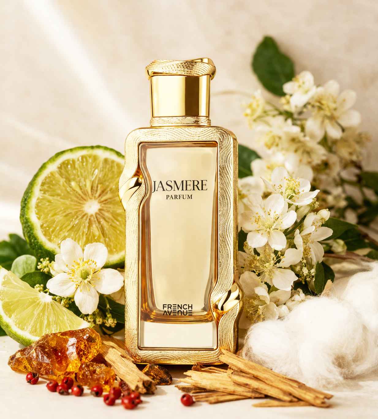 perfume jasmere rodeado de flores cítricos y madera natural