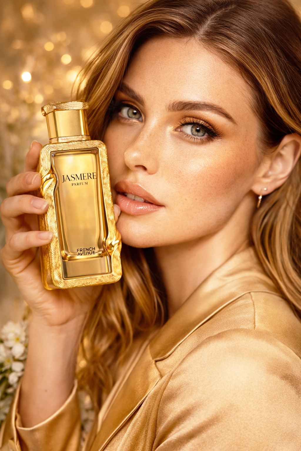 modelo mujer elegante sujetando perfume jasmere french avenue