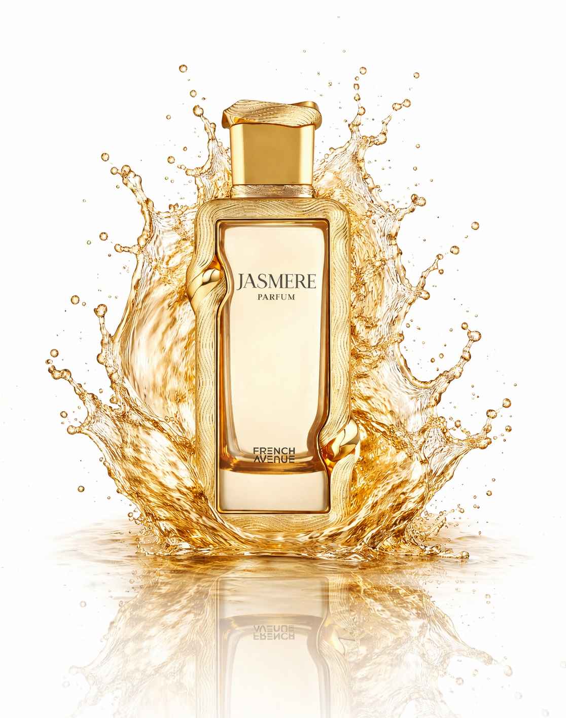 jasmere perfume splash dorado con gotas alrededor del frasco