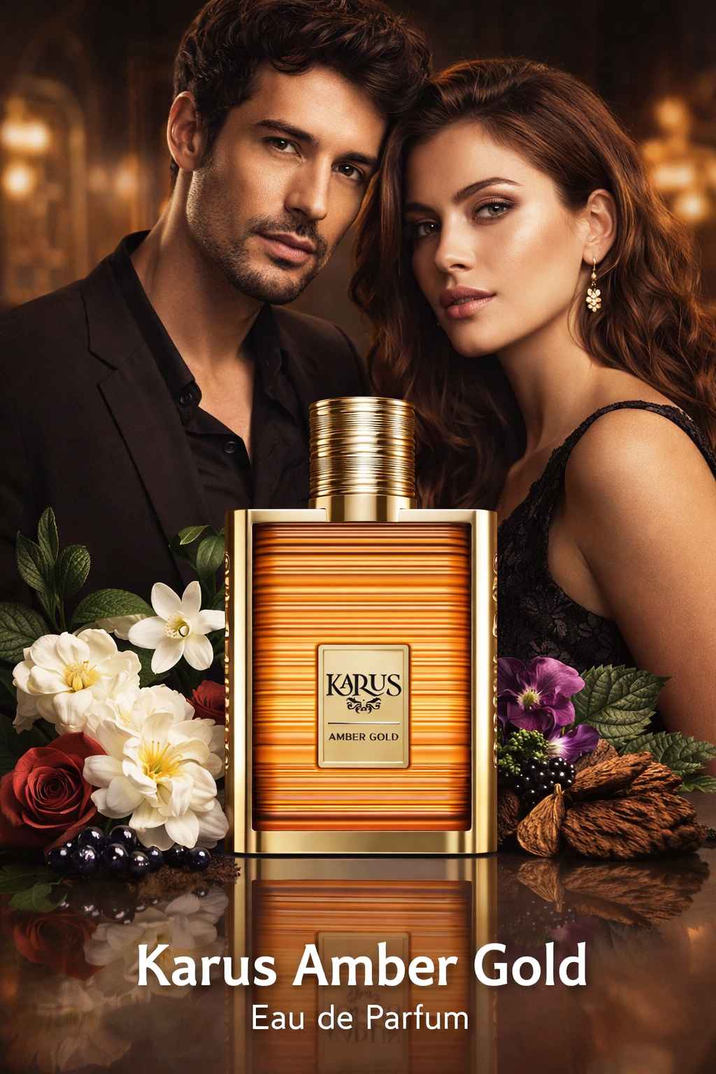 Khadlaj Karus Amber Gold perfume con modelo en ambiente interior elegante