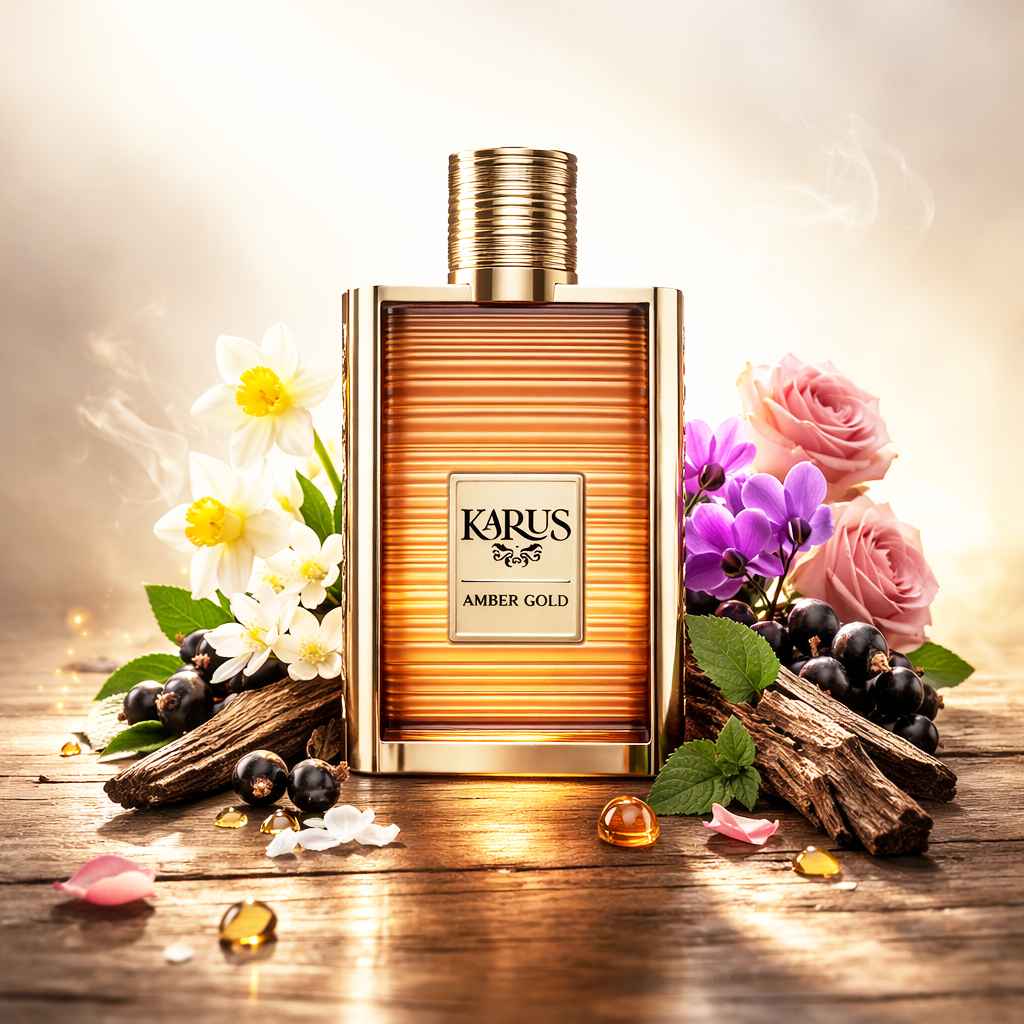 Khadlaj Karus Amber Gold frasco rodeado de flores sobre mesa de madera