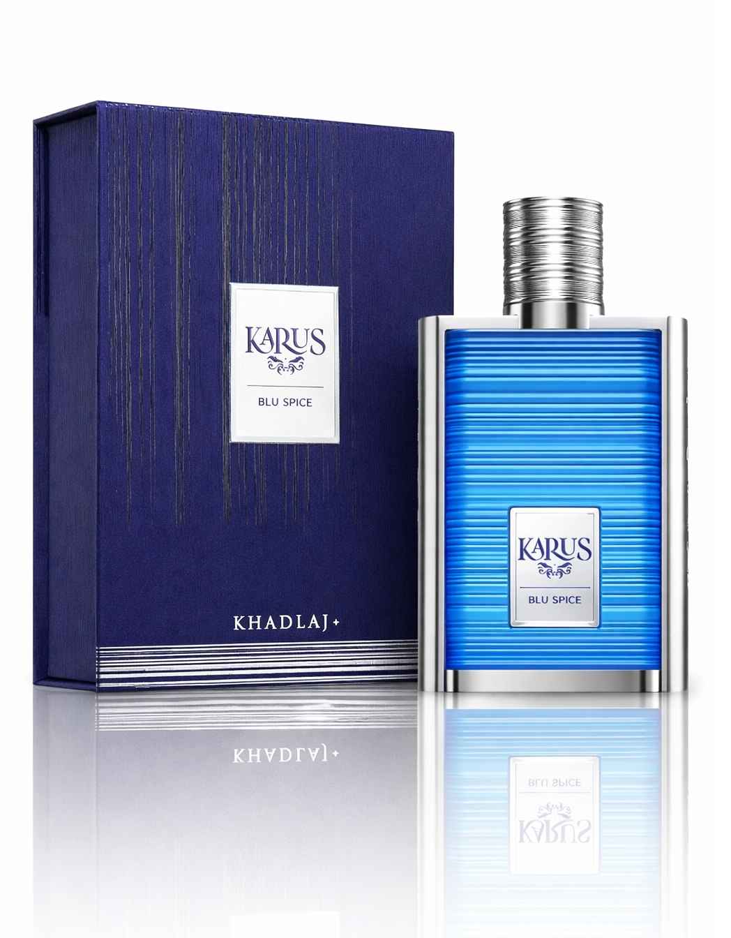 Khadlaj Karus Blu Spice caja original y frasco sobre fondo blanco de estudio