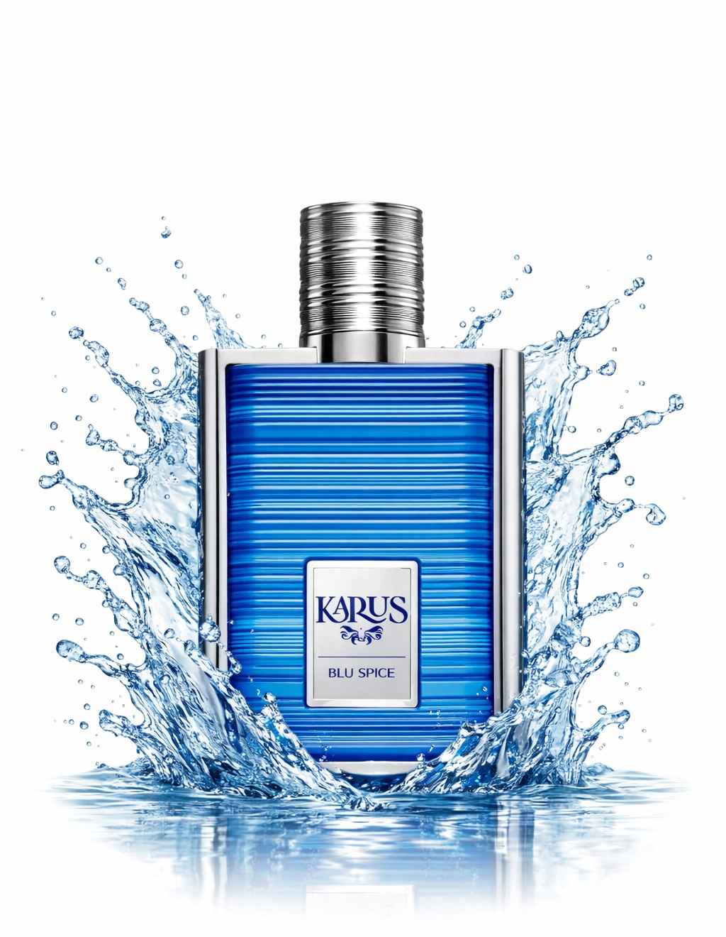 Khadlaj Karus Blu Spice frasco de perfume con ondas líquidas dinámicas sobre fondo limpio