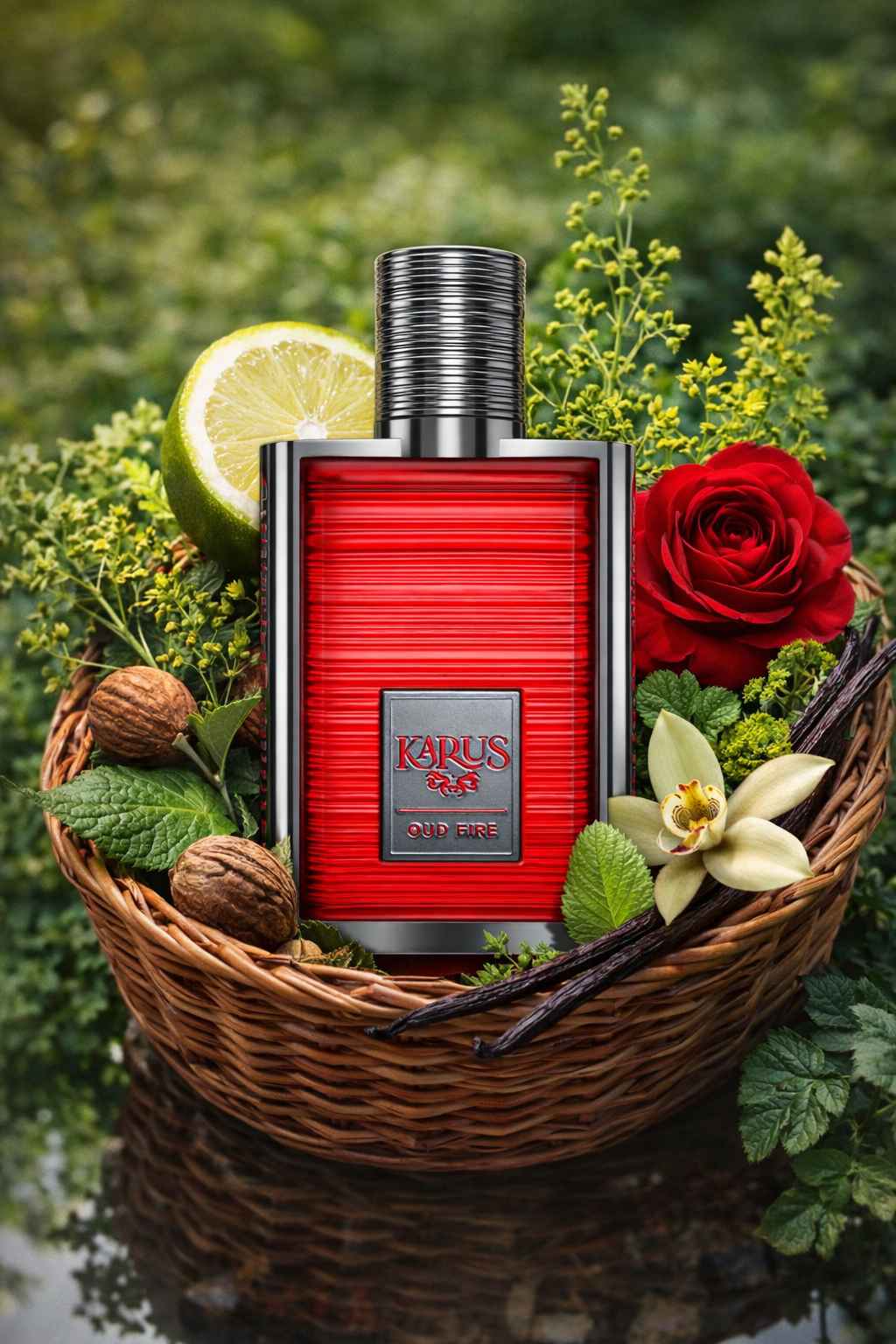 Khadlaj Karus Oud Fire frasco rodeado de rosa y especias sobre mesa