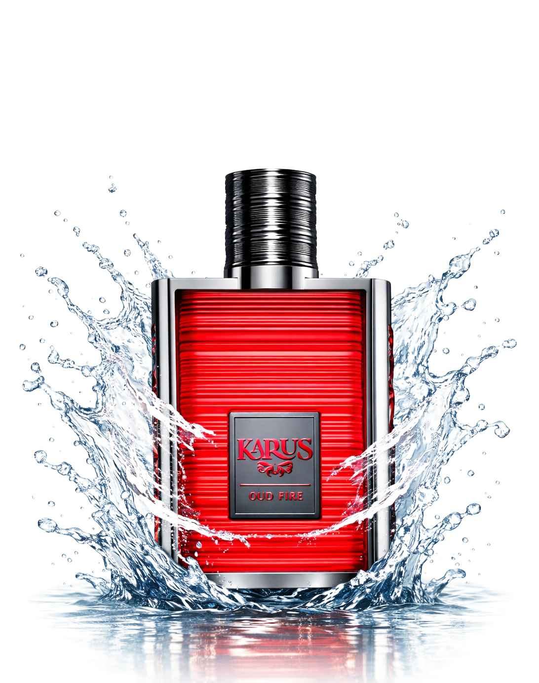 Khadlaj Karus Oud Fire frasco de perfume con splash y ondas líquidas