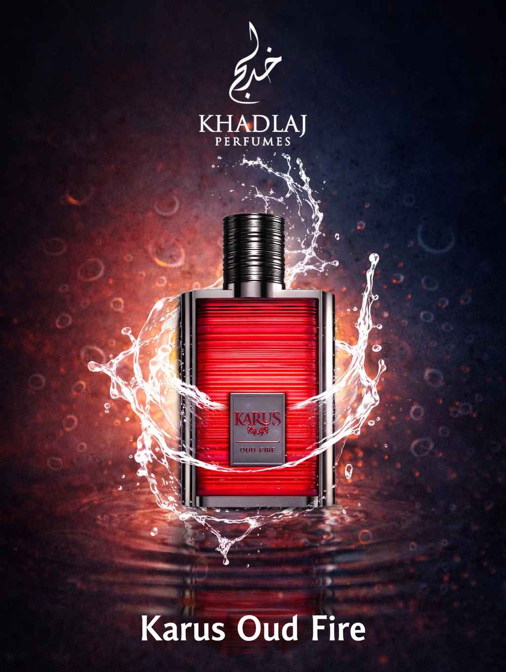 Khadlaj Karus Oud Fire perfume con modelo en ambiente interior