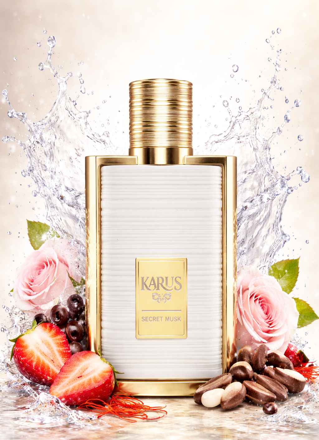 Botella Karus Secret Musk sostenida sobre superficie minimalista neutra