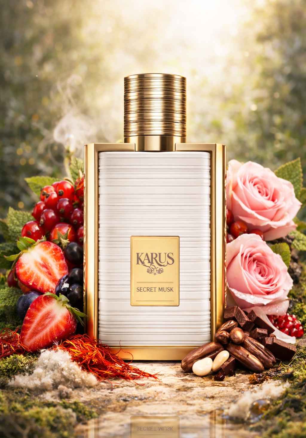 Frasco Karus Secret Musk de Khadlaj acompañado de rosas y frutas rojas