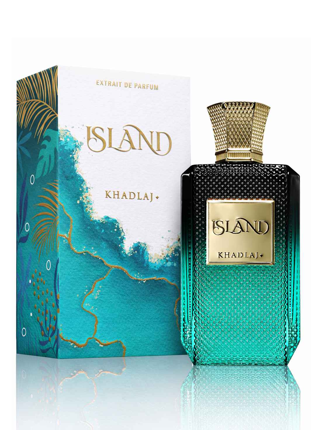 Khadlaj Island caja original y frasco sobre fondo blanco con reflejo