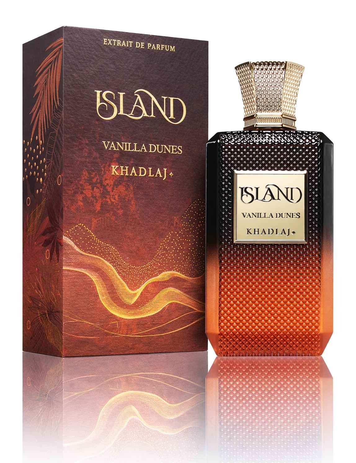 Khadlaj Island Vanilla Dunes caja original y frasco en fondo blanco con reflejo