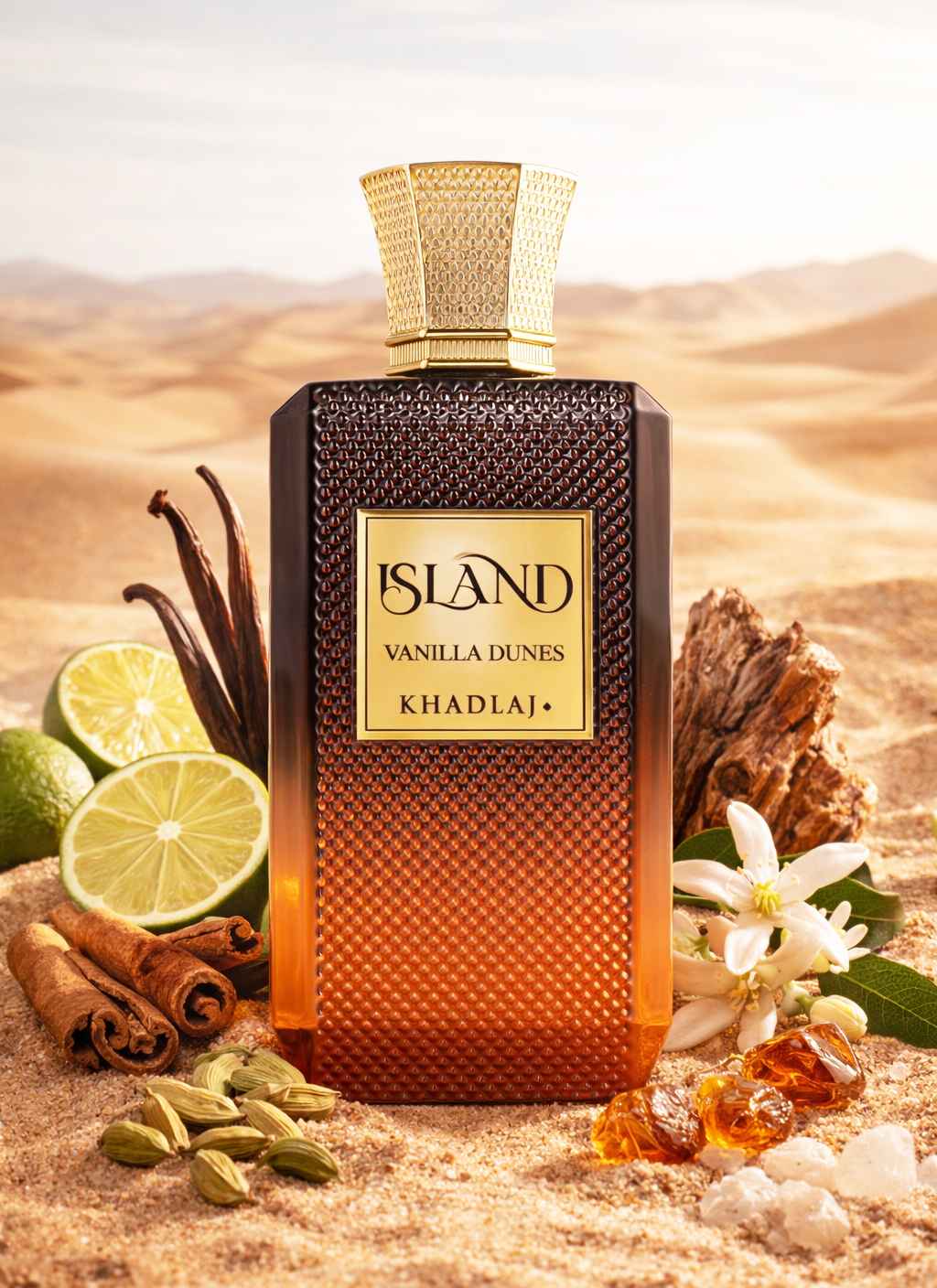 Khadlaj Island Vanilla Dunes perfume junto a modelo en escena lifestyle elegante