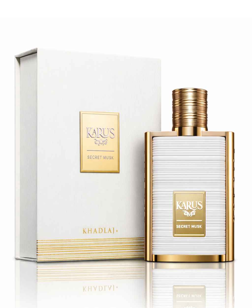 Presentación original Khadlaj Karus Secret Musk con caja y botella en estudio