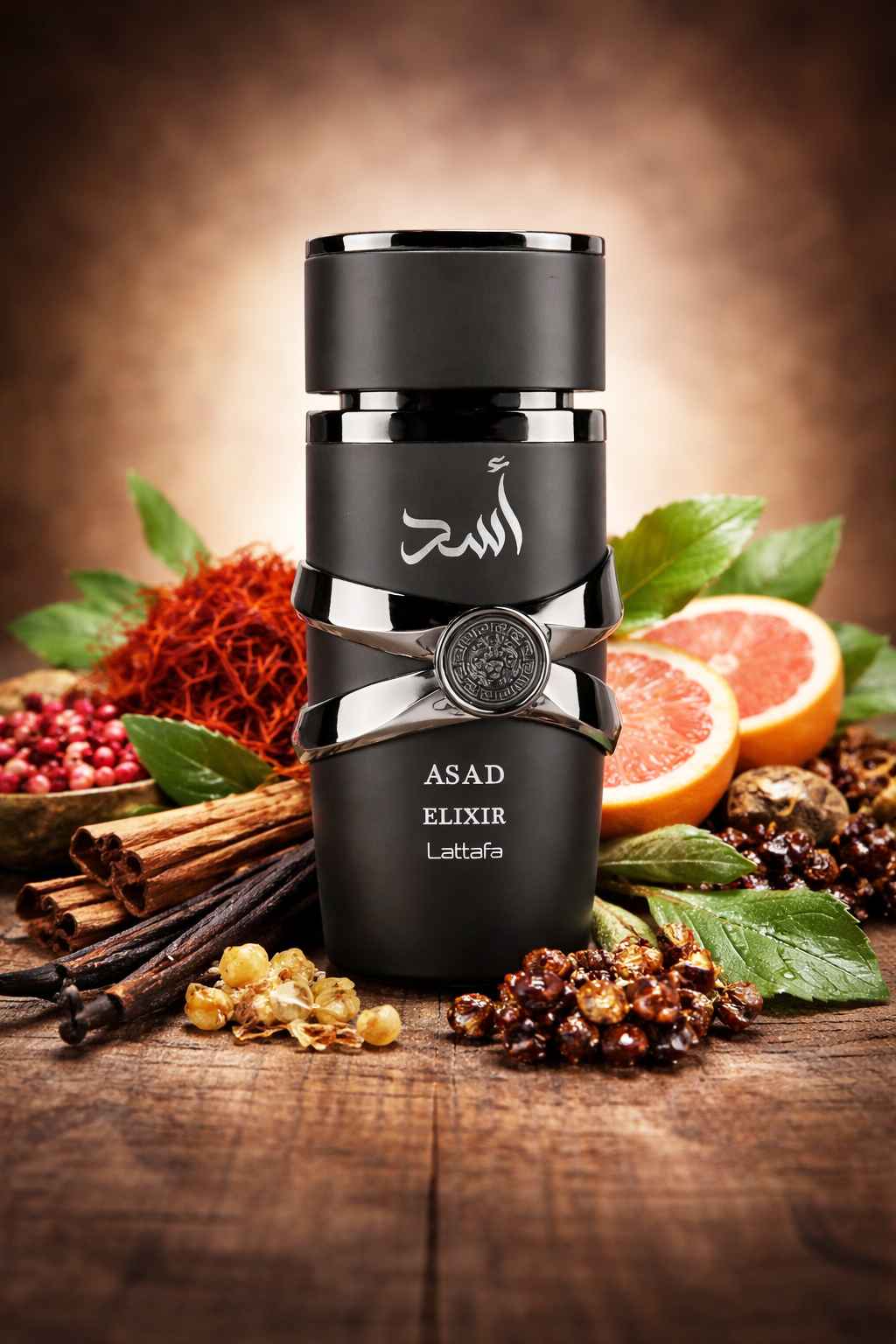 Lattafa Asad Elixir frasco rodeado de vainilla, resinas y especias sobre mesa