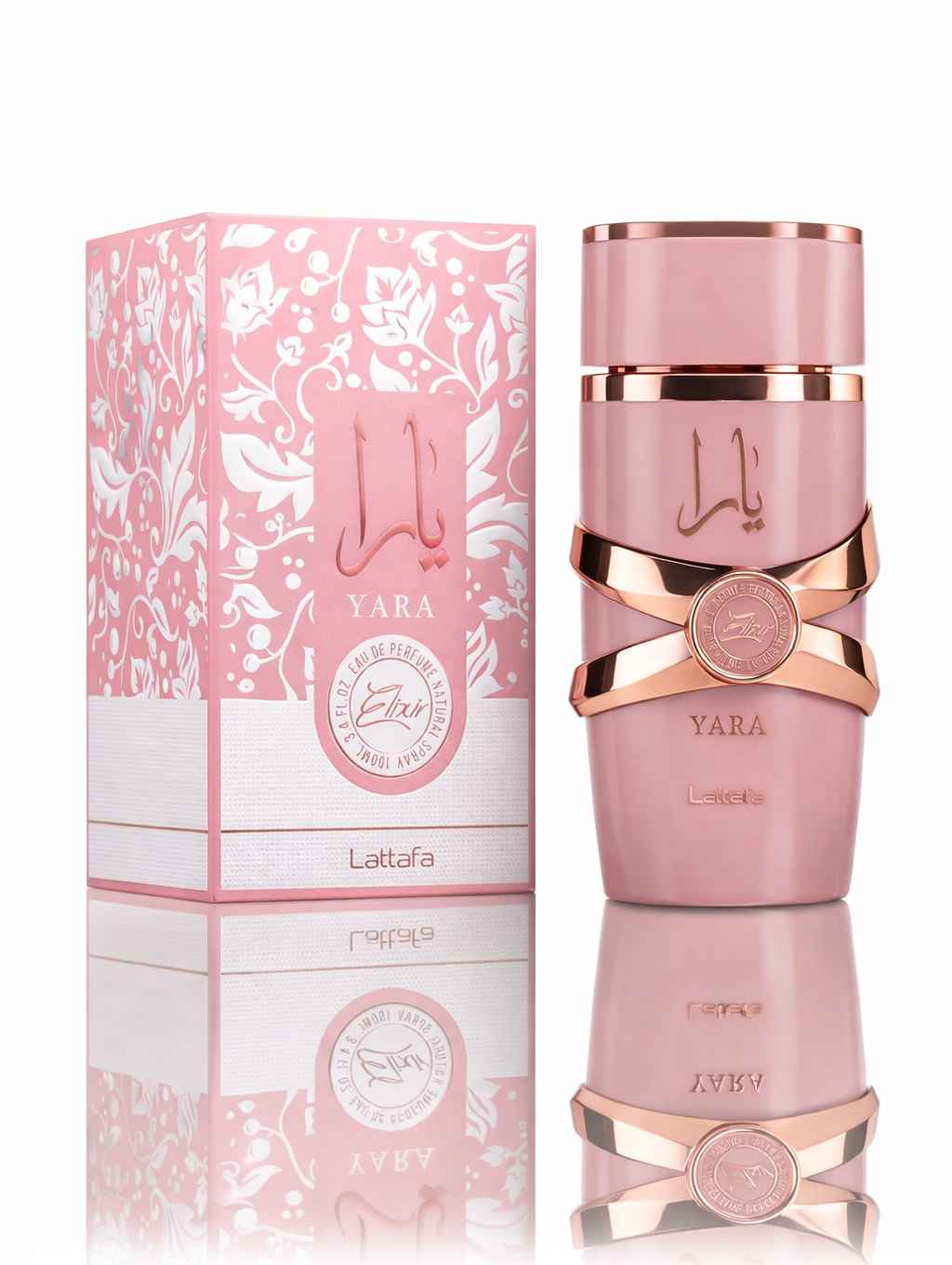 Lattafa Yara Elixir caja original y frasco del perfume sobre fondo blanco