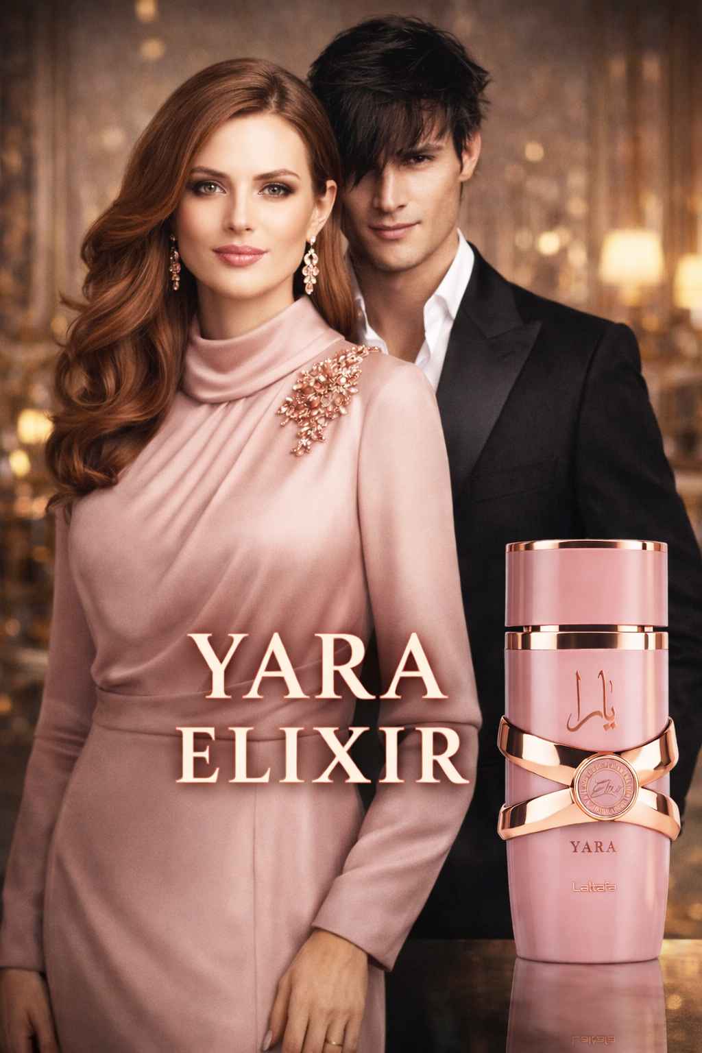 Lattafa Yara Elixir perfume junto a modelo femenino en escena elegante