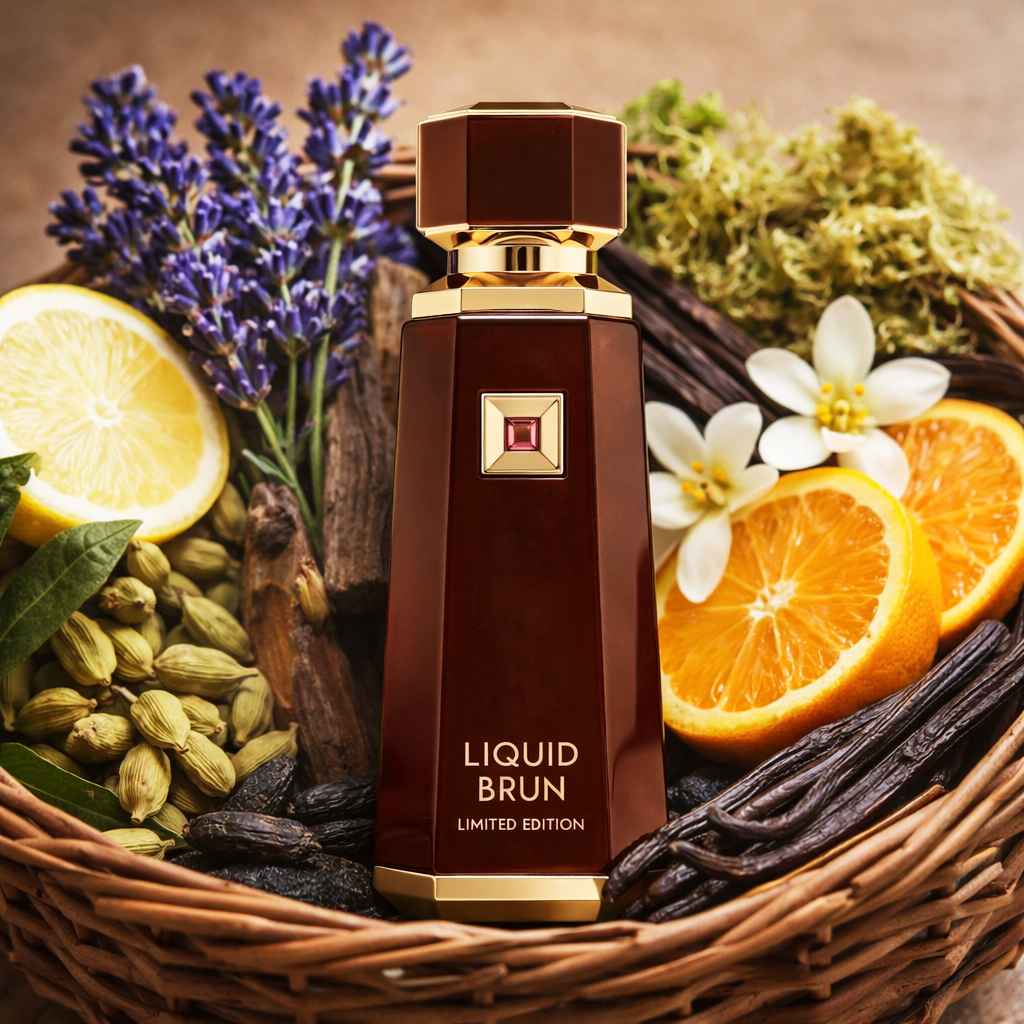 French Avenue Liquid Brun Limited Edition frasco junto a cítricos, cardamomo y vainilla en mesa