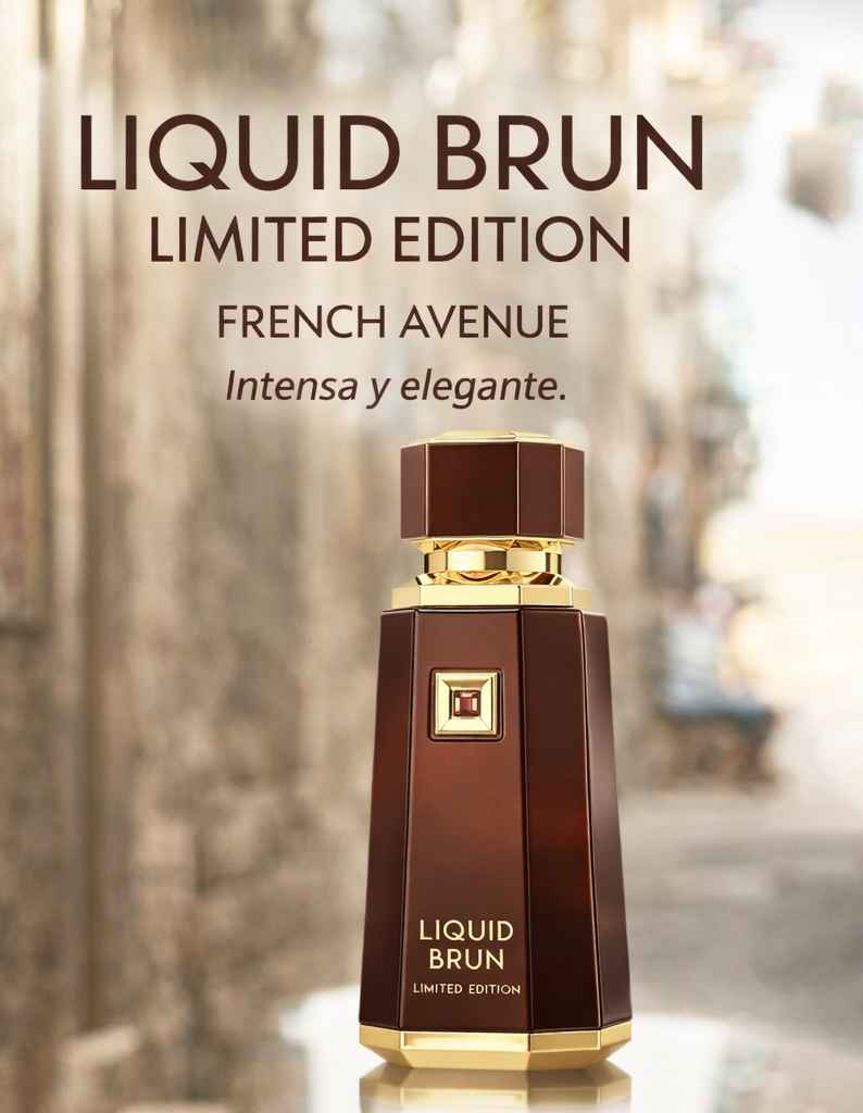 French Avenue Liquid Brun Limited Edition perfume en escena lifestyle con modelo y fondo cálido