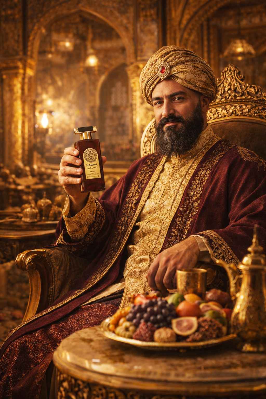 Asdaaf Majd Al Sultan perfume en mano de modelo en escena nocturna