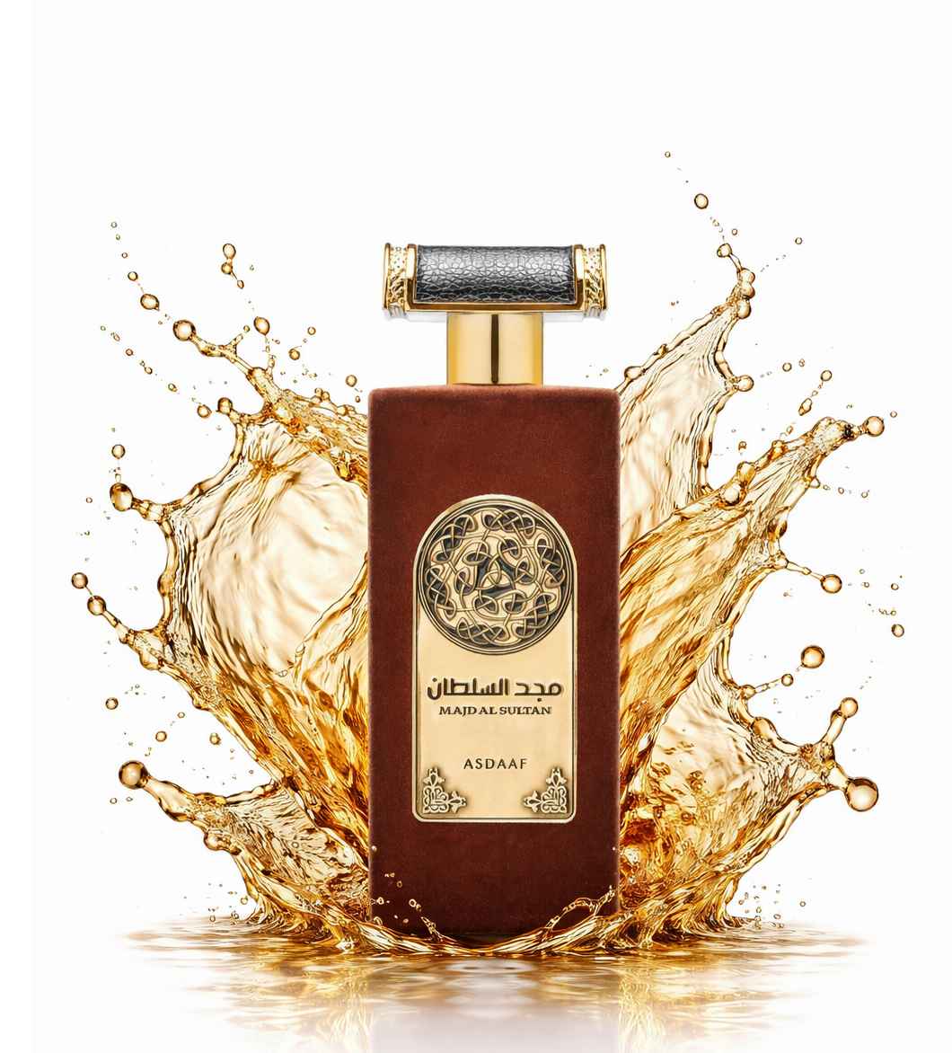 Asdaaf Majd Al Sultan frasco de perfume con splash líquido dinámico