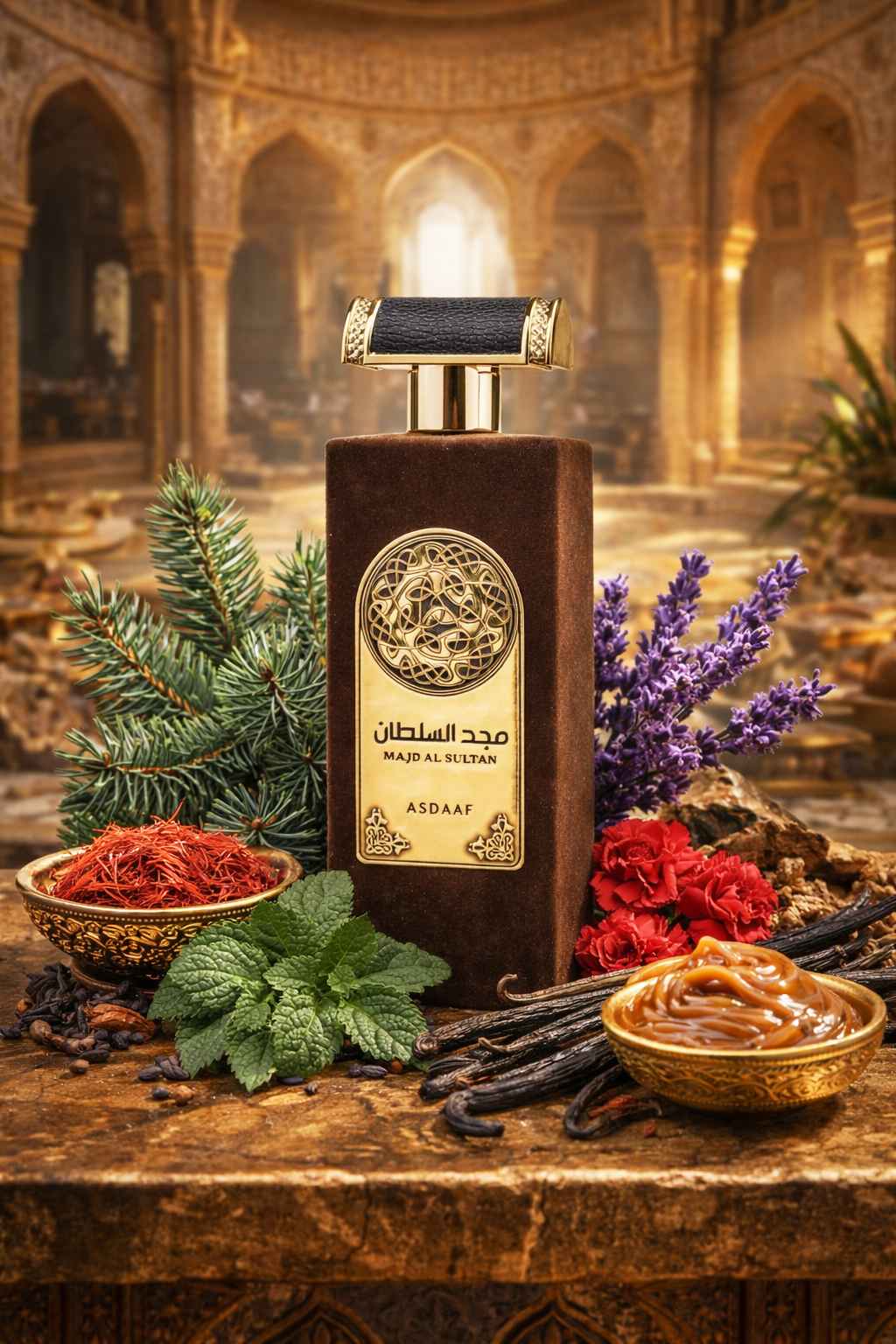 Asdaaf Majd Al Sultan frasco con lavanda, azafrán y vainilla en mesa