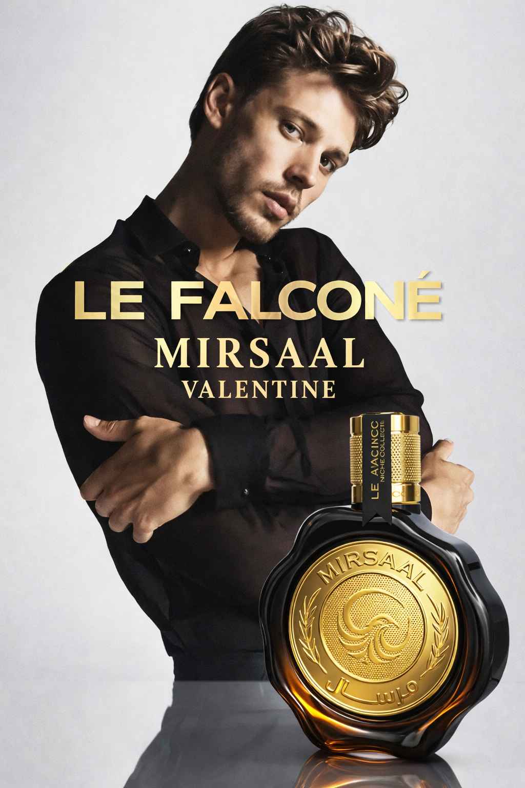 Mirsaal Valentine perfume junto a modelo en ambiente exterior
