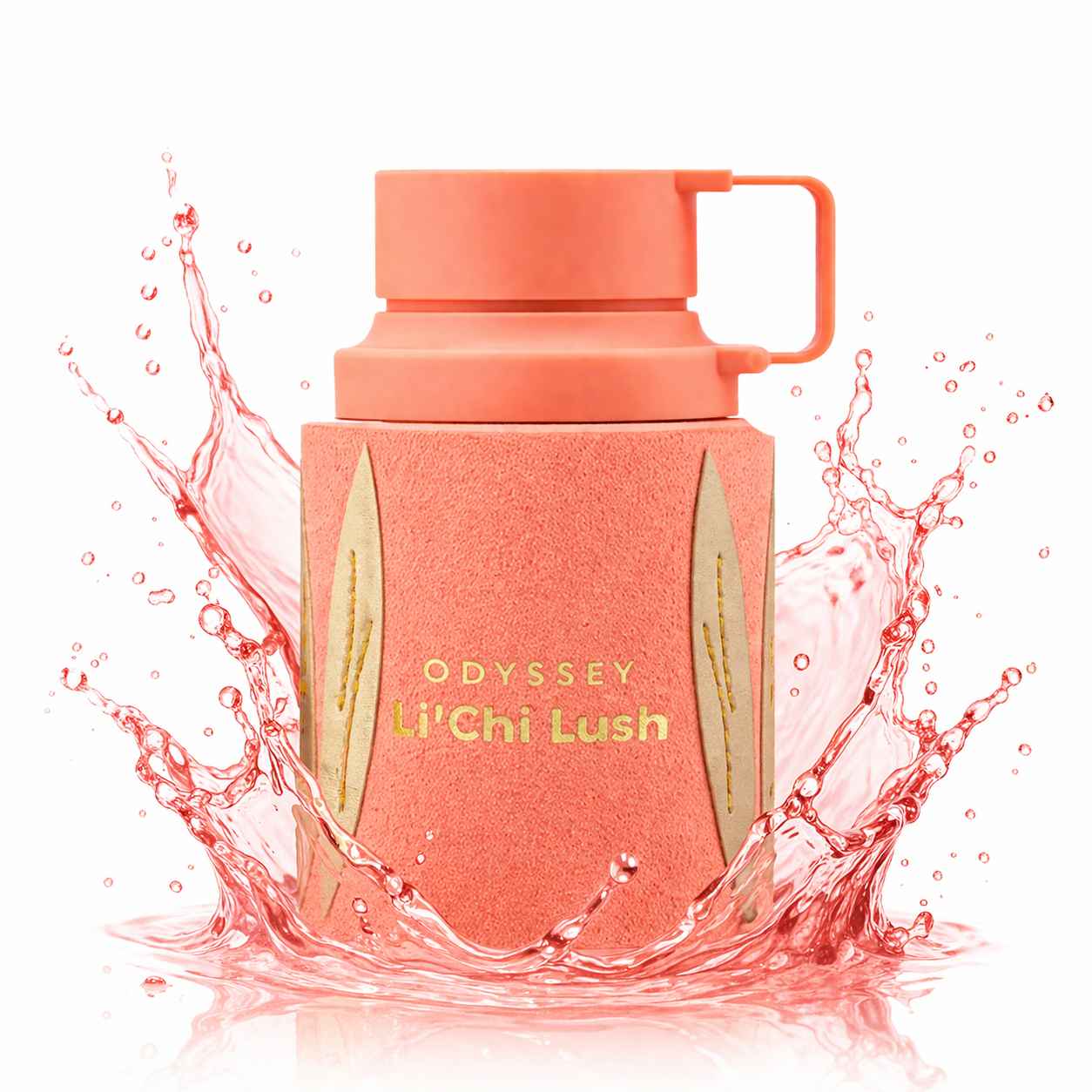 Armaf Odyssey Li’chi Lush frasco con líquido en movimiento de tonos rosados y brillantes