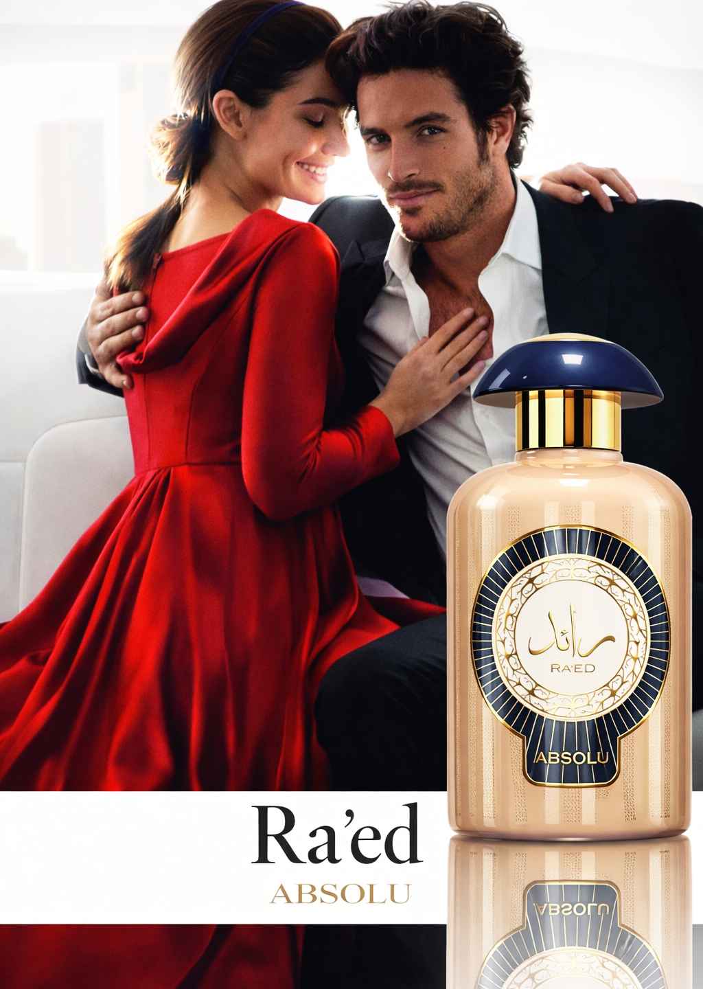 Raed Absolu Lattafa perfume junto a modelo en escena elegante de estilo oriental