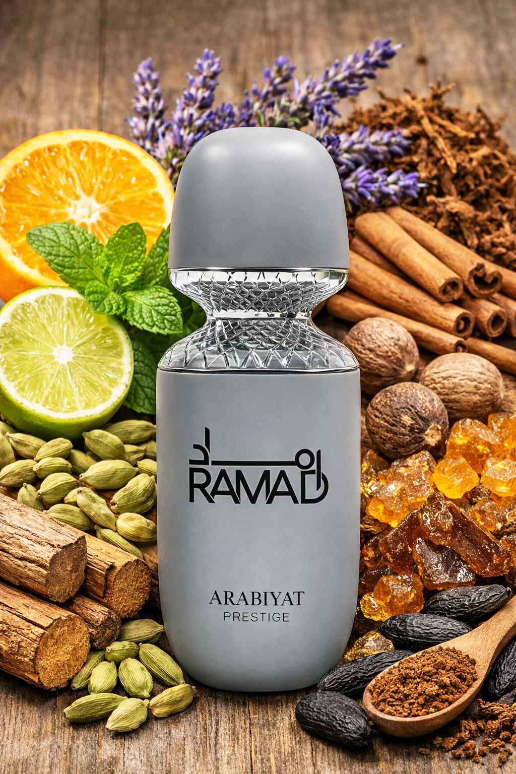 Ramad Arabiyat Prestige frasco rodeado de especias, cítricos y hojas aromáticas sobre mesa