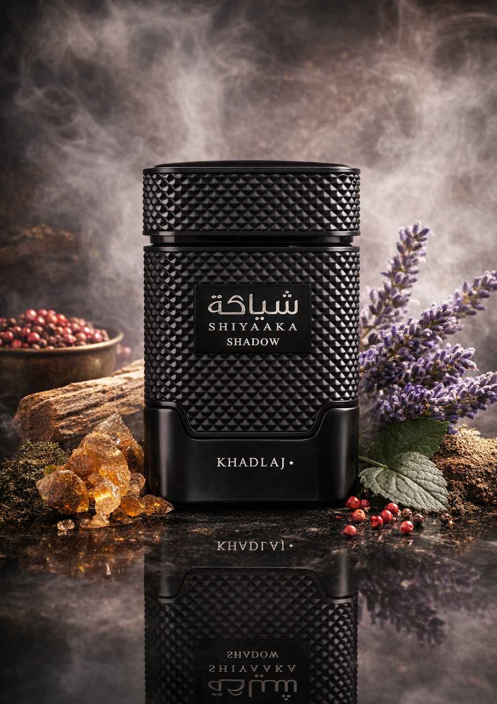 Khadlaj Shiyaaka Shadow frasco con pomelo y lavanda en mesa de madera
