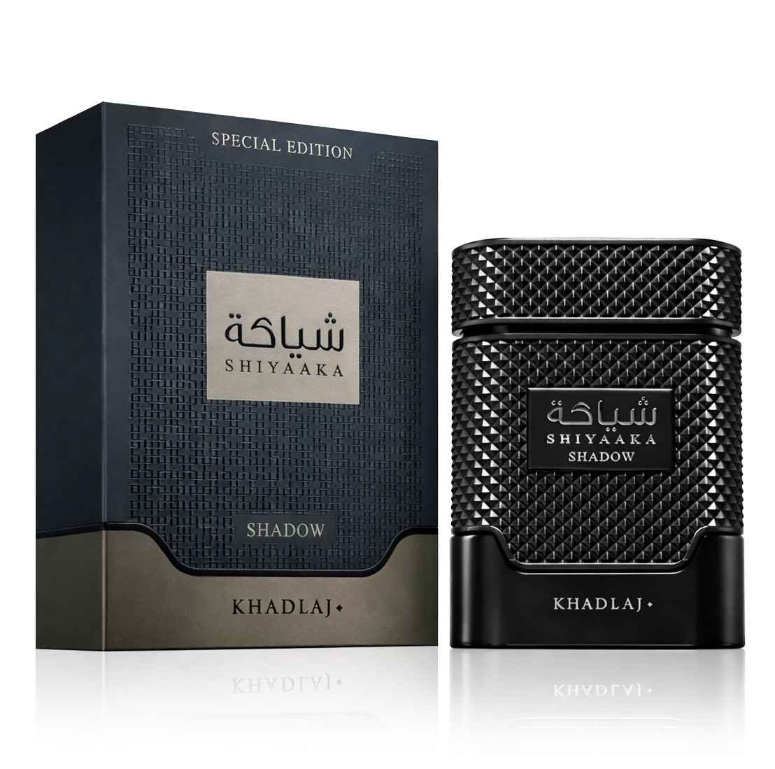 Khadlaj Shiyaaka Shadow caja original y frasco juntos sobre fondo blanco limpio