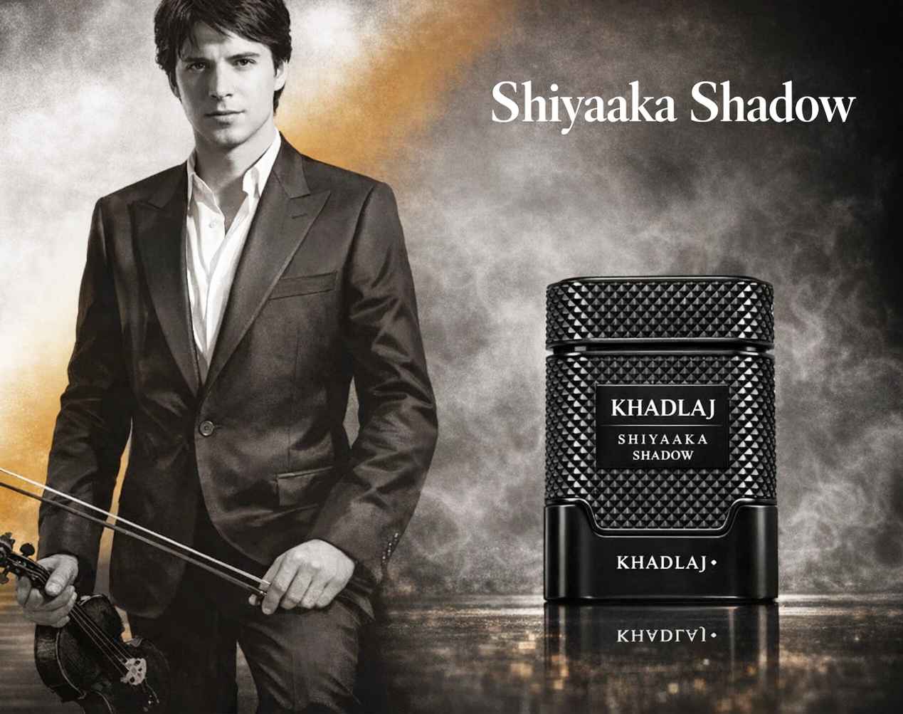 Khadlaj Shiyaaka Shadow perfume junto a modelo masculino en escena lifestyle de anuncio