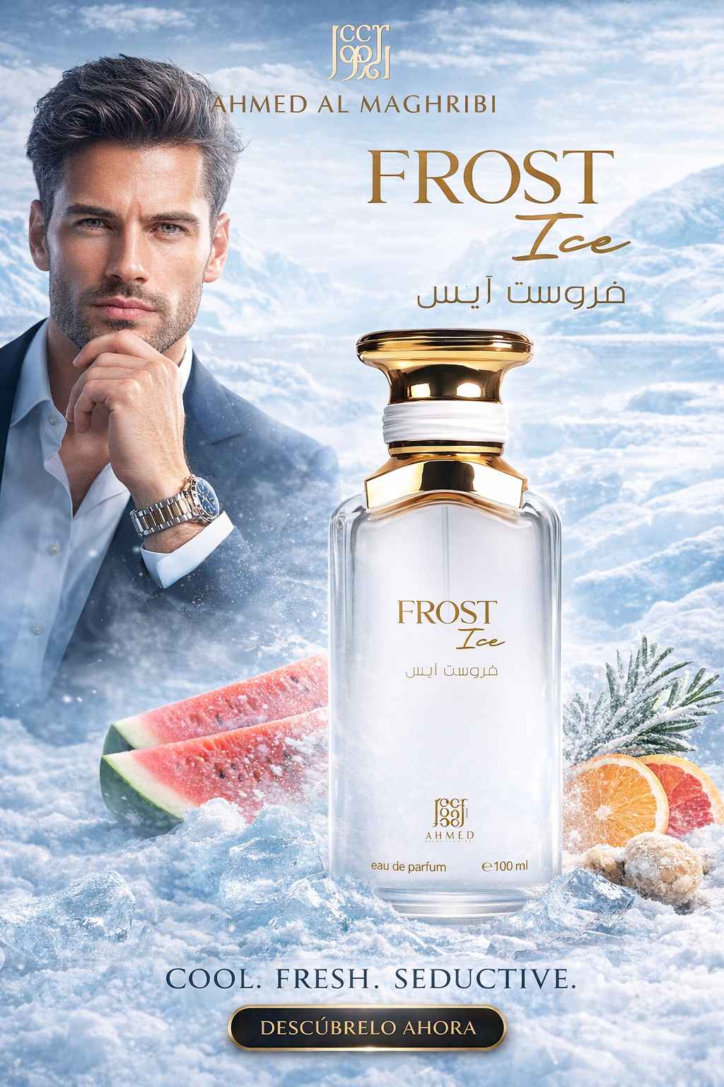 Ahmed Al Maghribi Frost Ice perfume con modelo en ambiente fresco y elegante