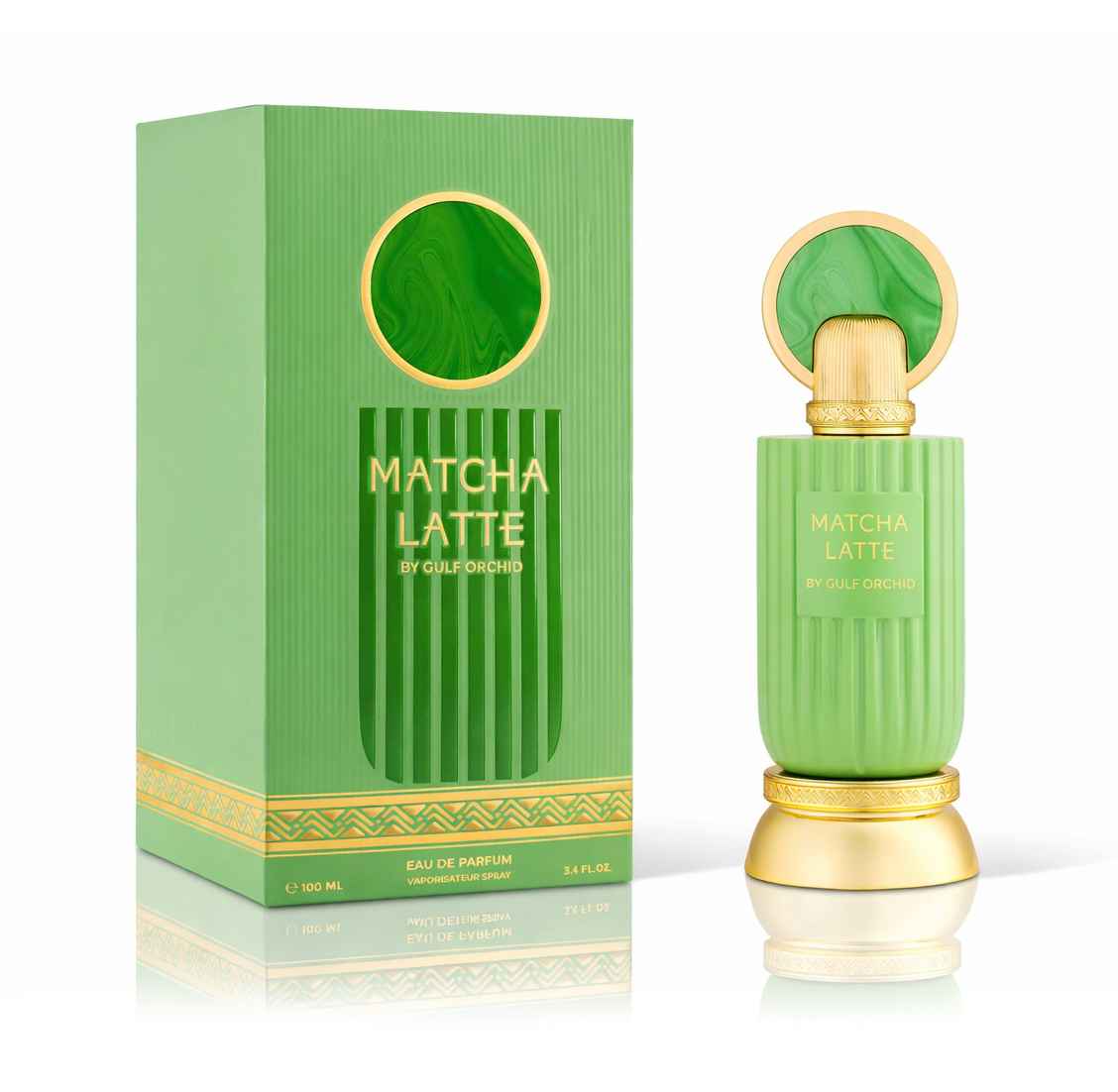 Gulf Orchid Matcha Latte caja y frasco sobre fondo blanco limpio